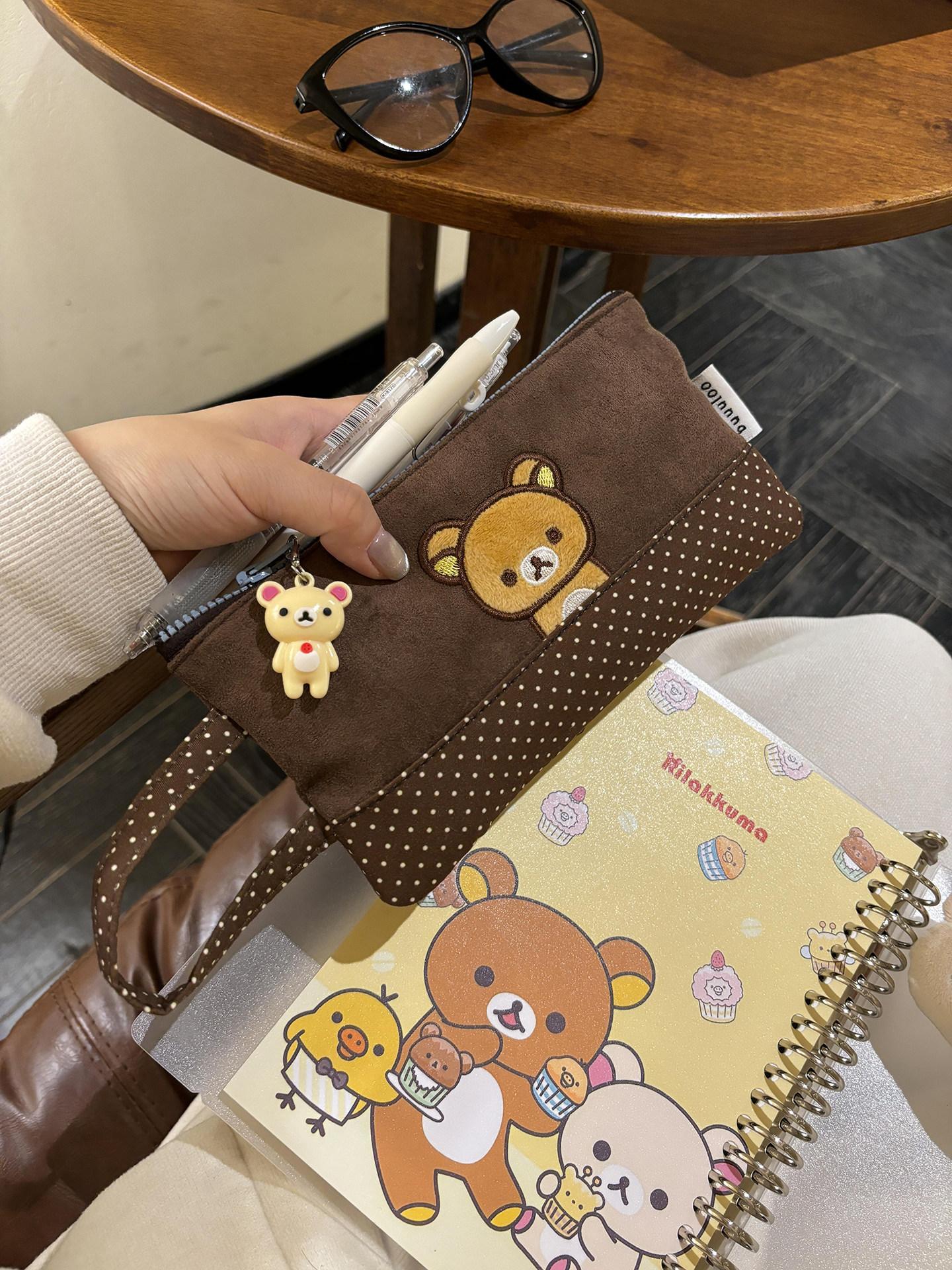 Buuuloo Original Embroidered Rilakkuma Pencil Case Large Capacity Polka Dot Ins Style Kawaii For Teen Girls High School Students