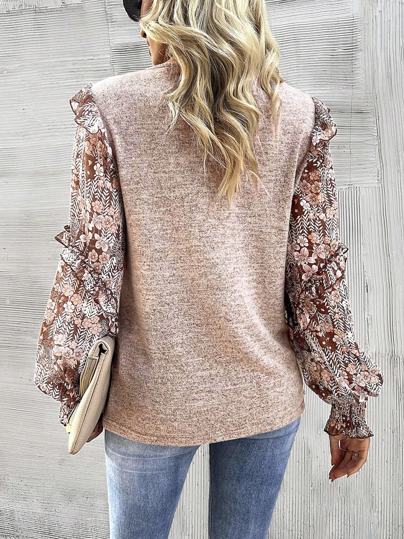 Women's Round Neck Lantern Sleeve Floral Print Patchwork Casual Cute Fitted Fall T-Shirt, Long Sleeve Top for Autumn Fashion