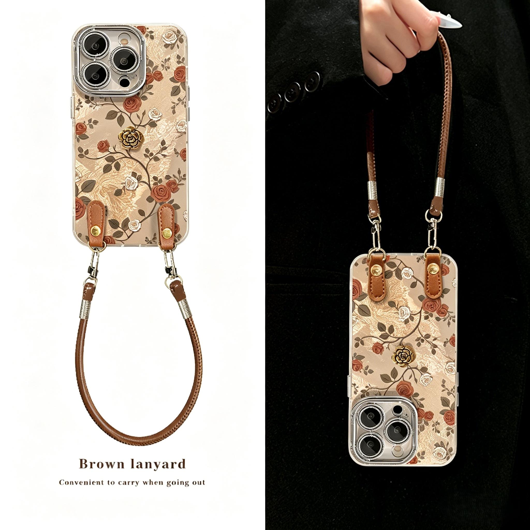 Vintage Rose Phone Case for iPhone 17 Pro Max, Luxury Acrylic Cover with Leather Wrist Strap, Full Camera Protection Shockproof Case, Elegant Floral Aesthetic for Women Girls