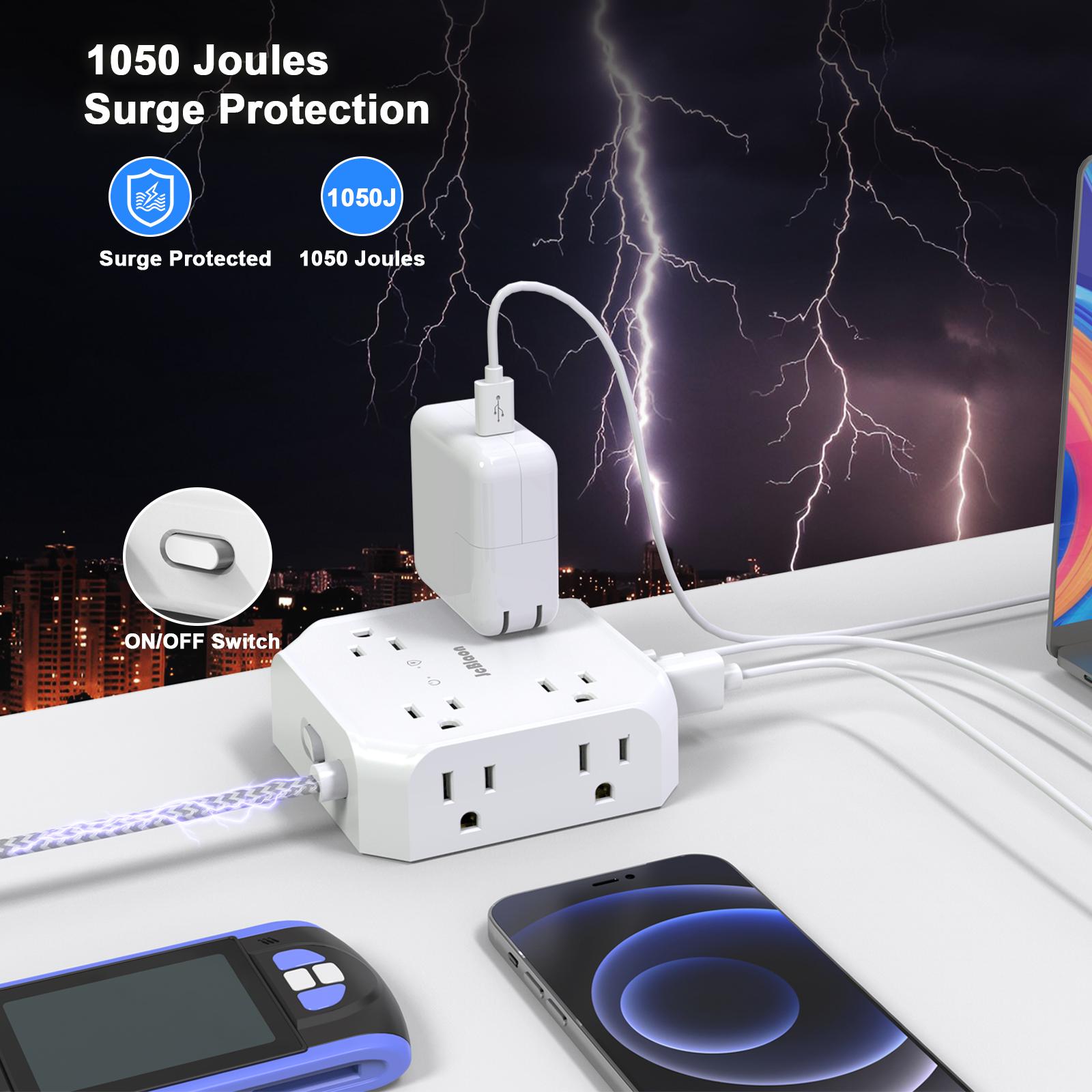 5/10/15ft Surge Protector Multifunctional Power Strip - 8 Widely Outlets with 4 USB Ports, 3 Side Outlet Extender, Flat Plug, Wall Mount, Desk USB Charging Station for Home Office, College Dorm Room Essentials