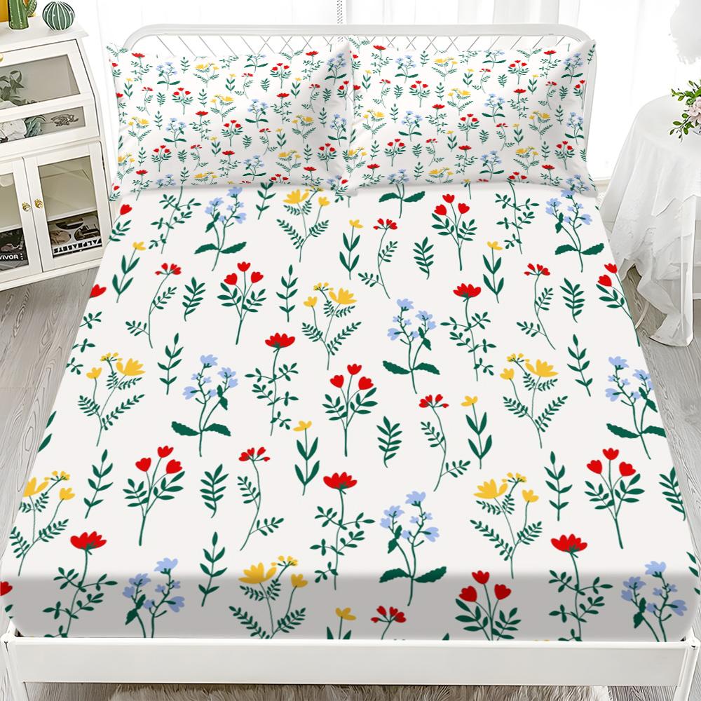 Three pieces with small floral patterns in the three primary colors  Print Fitted Sheet Set (1 Fitted Sheet + 2 Pillowcases), Casual Style, High-Quality Bedding for Bedroom or Guest Room