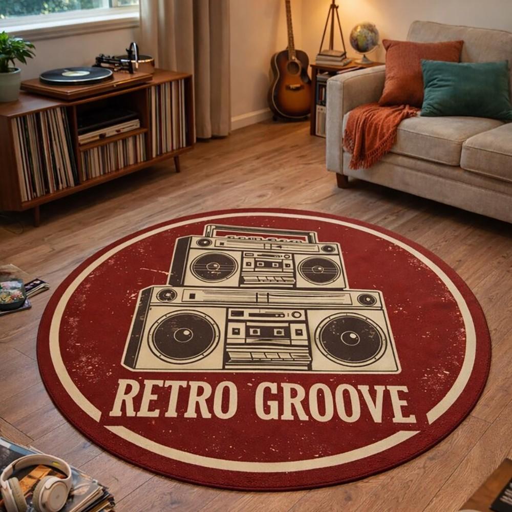 Retro Groove Round Rug, Vintage Style Living Room Sofa Runner, Bedroom Bedside Non-Slip Mat, Washable Decorative Carpet, Multi-Scene Use