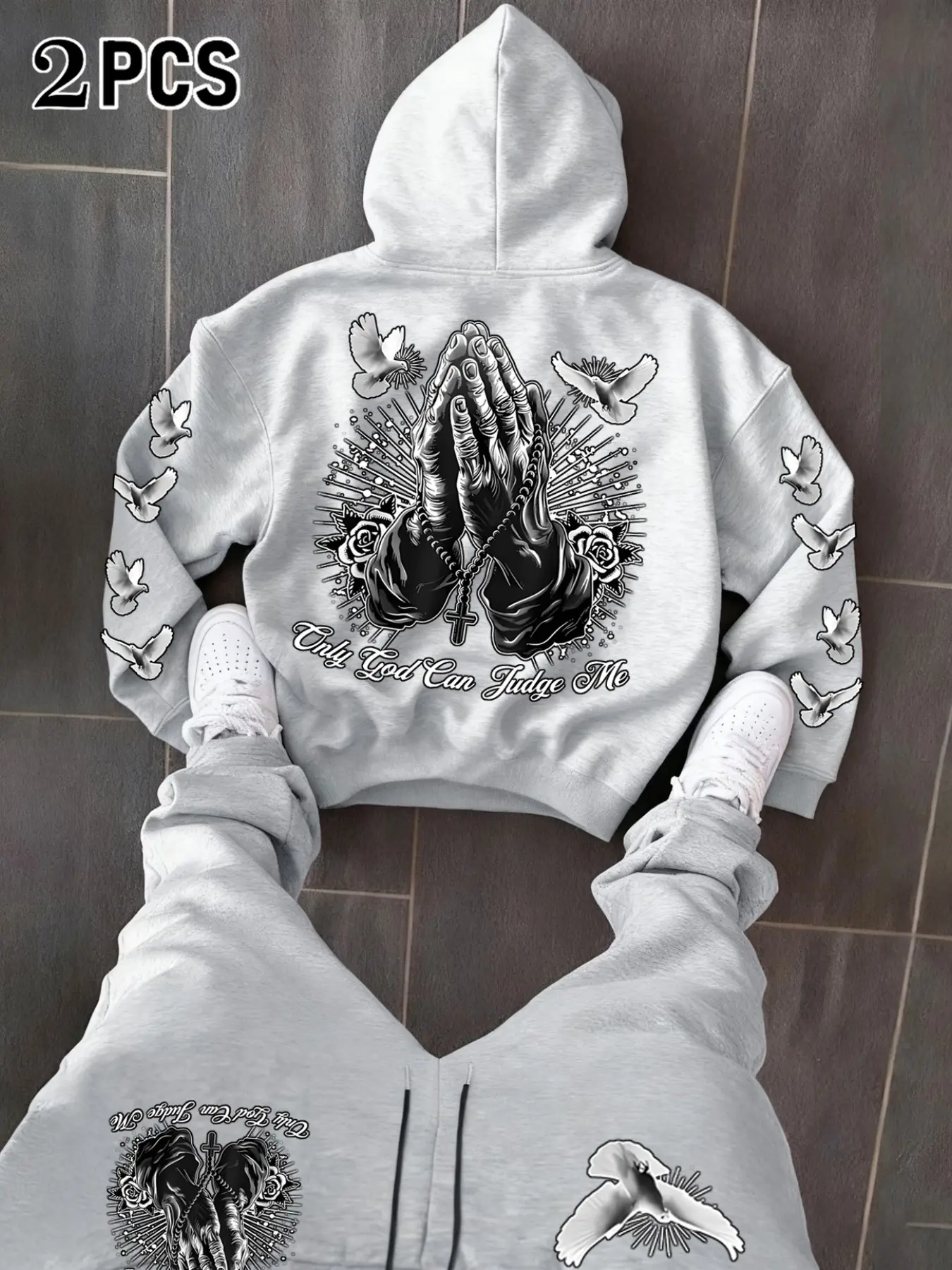Men's American Hip-Hop Two-Piece Set, Prayer Hand Dove Cross Rose Print Hoodie and Pants, Casual Streetwear, Comfortable and Versatile