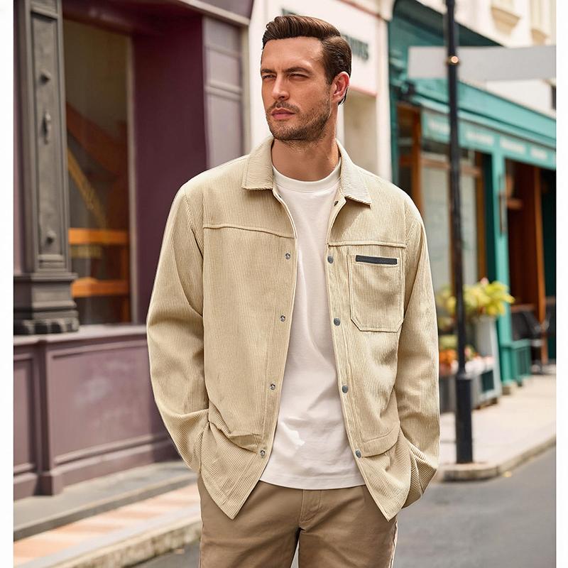 Men's Classic Vintage Corduroy Button-Front Trucker Coat - Menswear, Lapel Collar, Functional Patch Pockets, Relaxed Fit, Soft Fabric Lightweight Shacket for Casual Layering, Street Fashion
