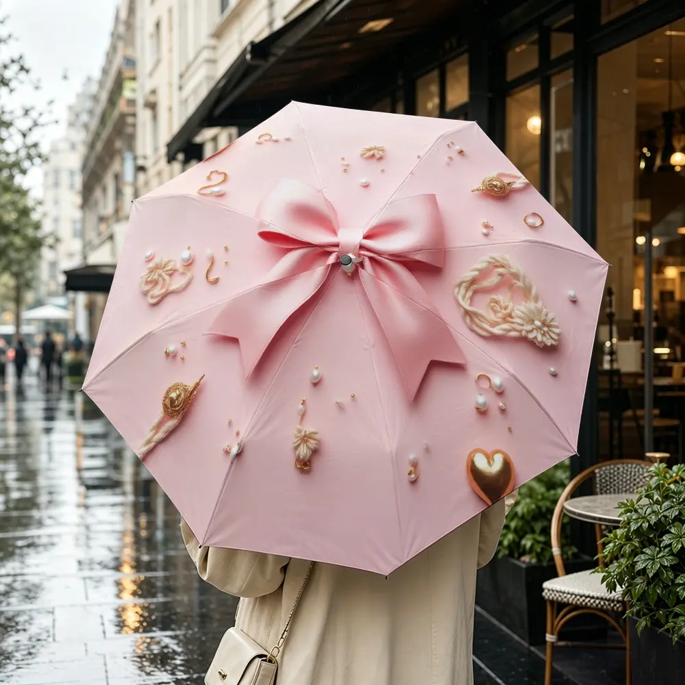 Bow Pearl Heart Folding Umbrella, Automatic Open, Iron Frame, Portable, Suitable for All Seasons, Travel, Office, Formal Events, Portable Outdoor Umbrella