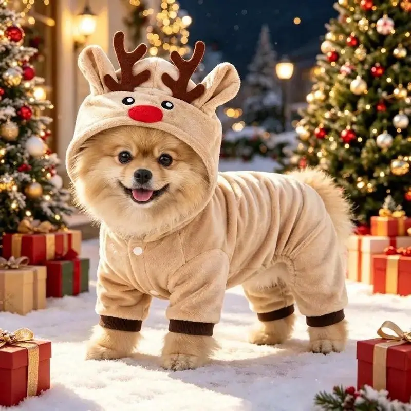 Christmas Dog Clothes, Reindeer Dog Outfit, Cute Elk Print Dog Pajamas, Warm Cozy Four Legged Pet Costume for Small Medium Dogs, Holiday Party, Christmas Photos & Winter Daily Wear