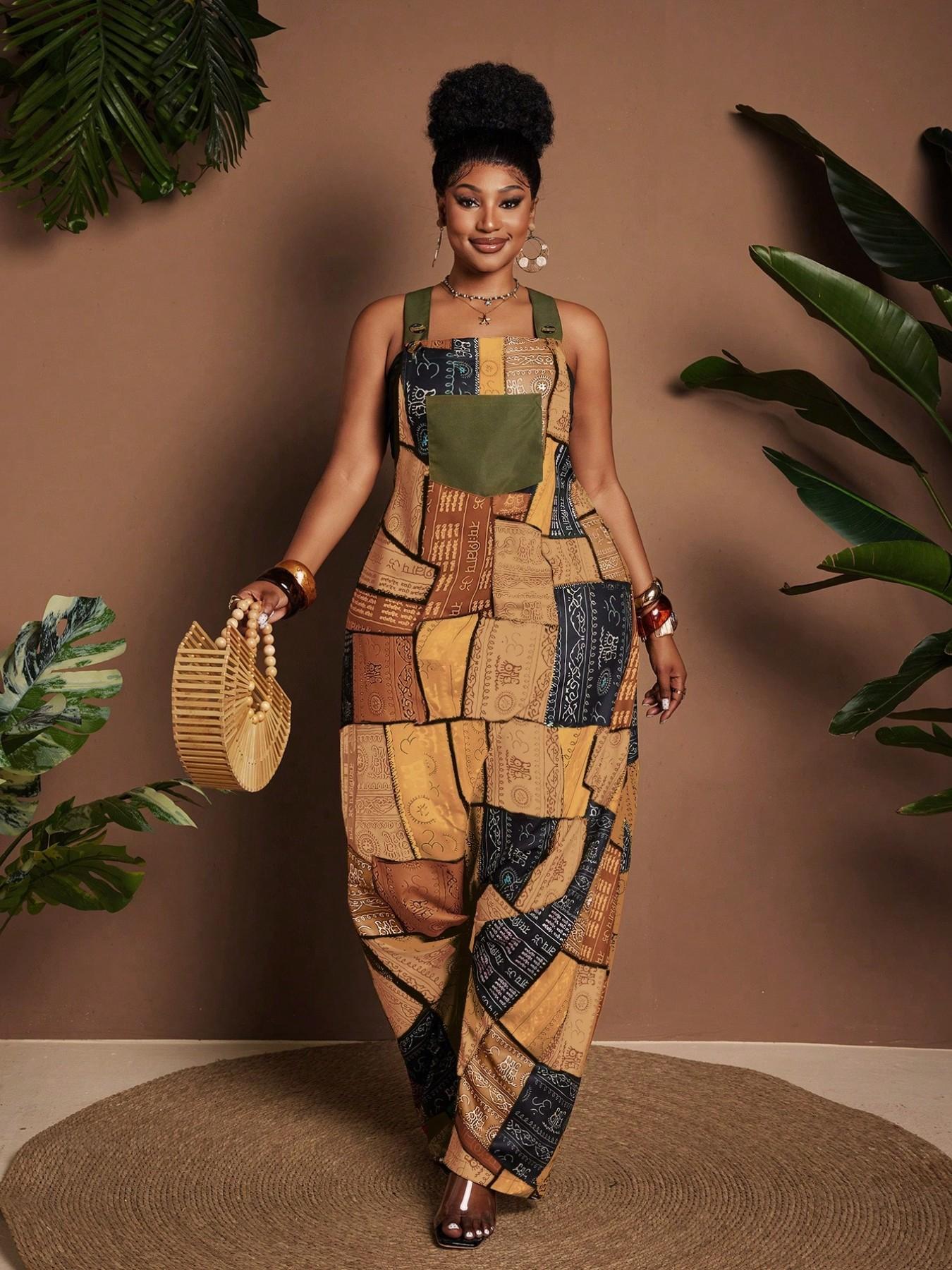 Plus Size Patchwork Print Sleeveless Loose Harem Pocket Jumpsuit, Comfortable and Stylish Design, Perfect for Casual Wear