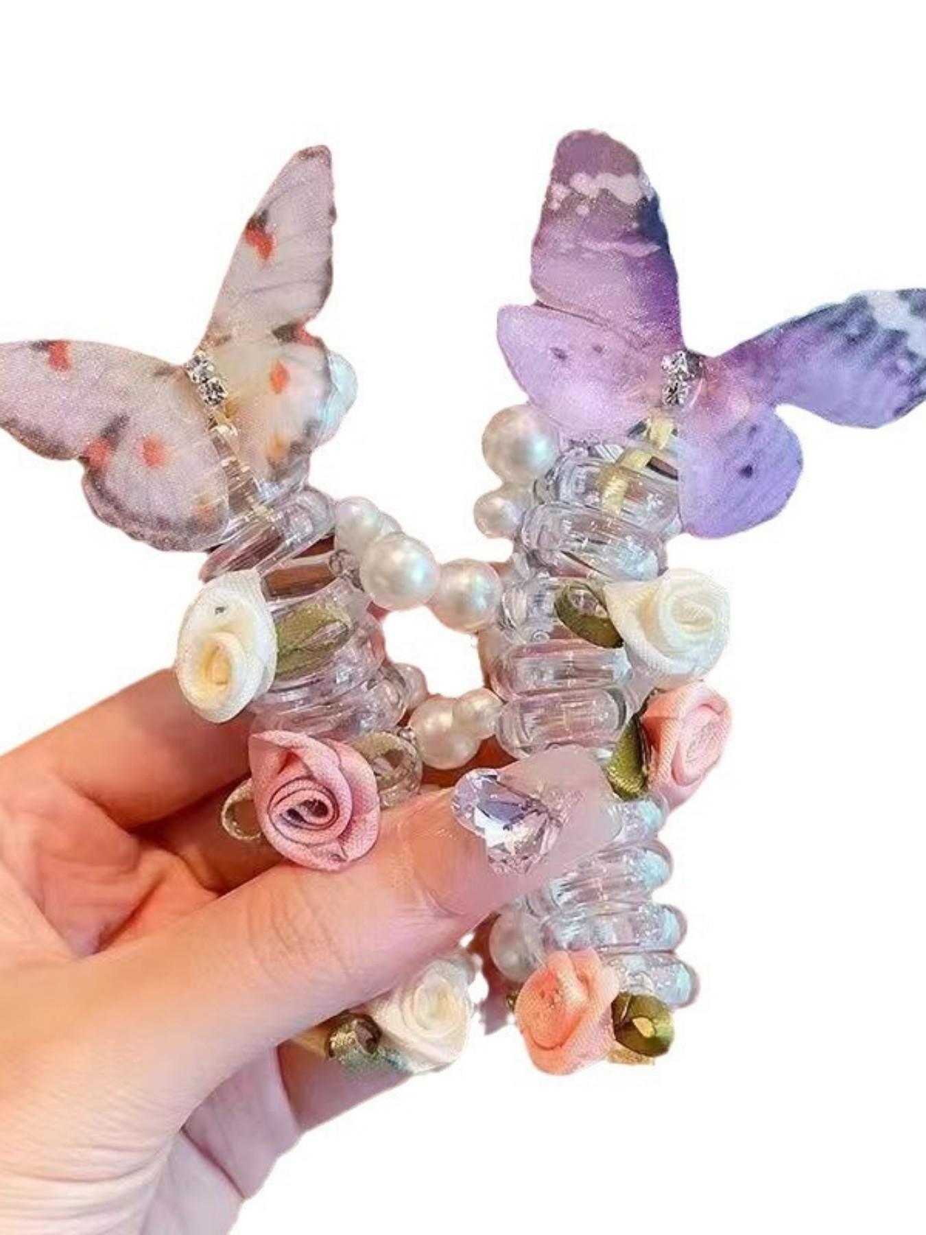 New Mesh Butterfly Pearl Hair Tie, Cute Round Bead Flower Butterfly Phone Line Braided Bubble Braid Hair Rope, Girls' Headwear for Daily Use