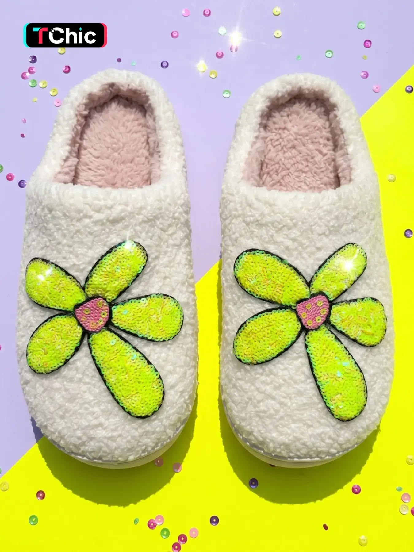 Women's Glitter Sequin Flower Appliqué Teddy Fleece Closed Toe Slippers, Fluffy Plush Lined Warm Winter Indoor House Slides, Non-Slip Soft Sole Bedroom Home Shoes, Lovely Floral Design Lady Daily Indoor Footwear, Decor