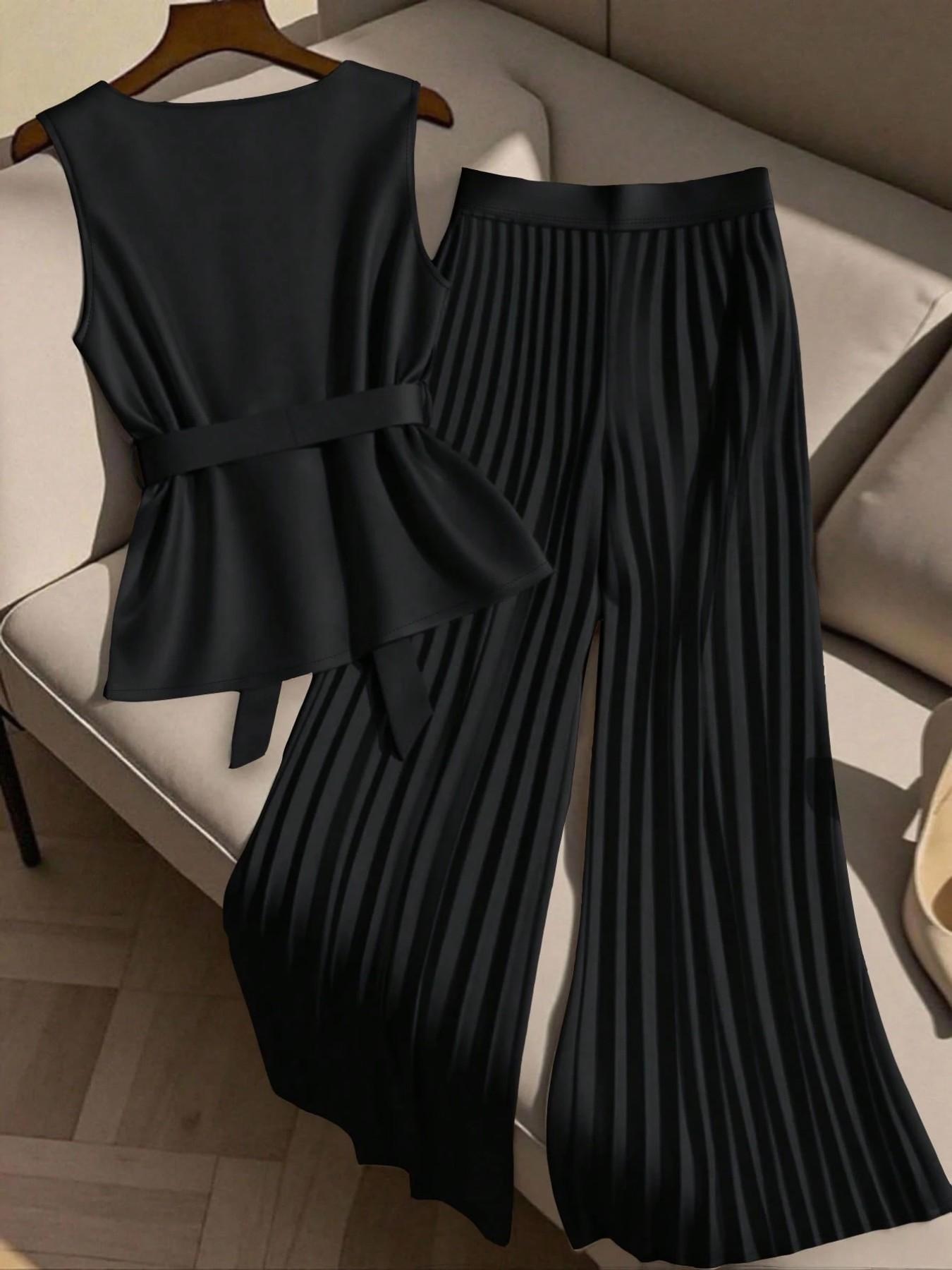 Women's Plus Size Trendy Chic 2 Piece Outfit, Clothes, Sleeveless Top & Pleated Wide Leg Pants Set, Tie Waist V-Neck Plisse Flowy Elegant Office Workwear