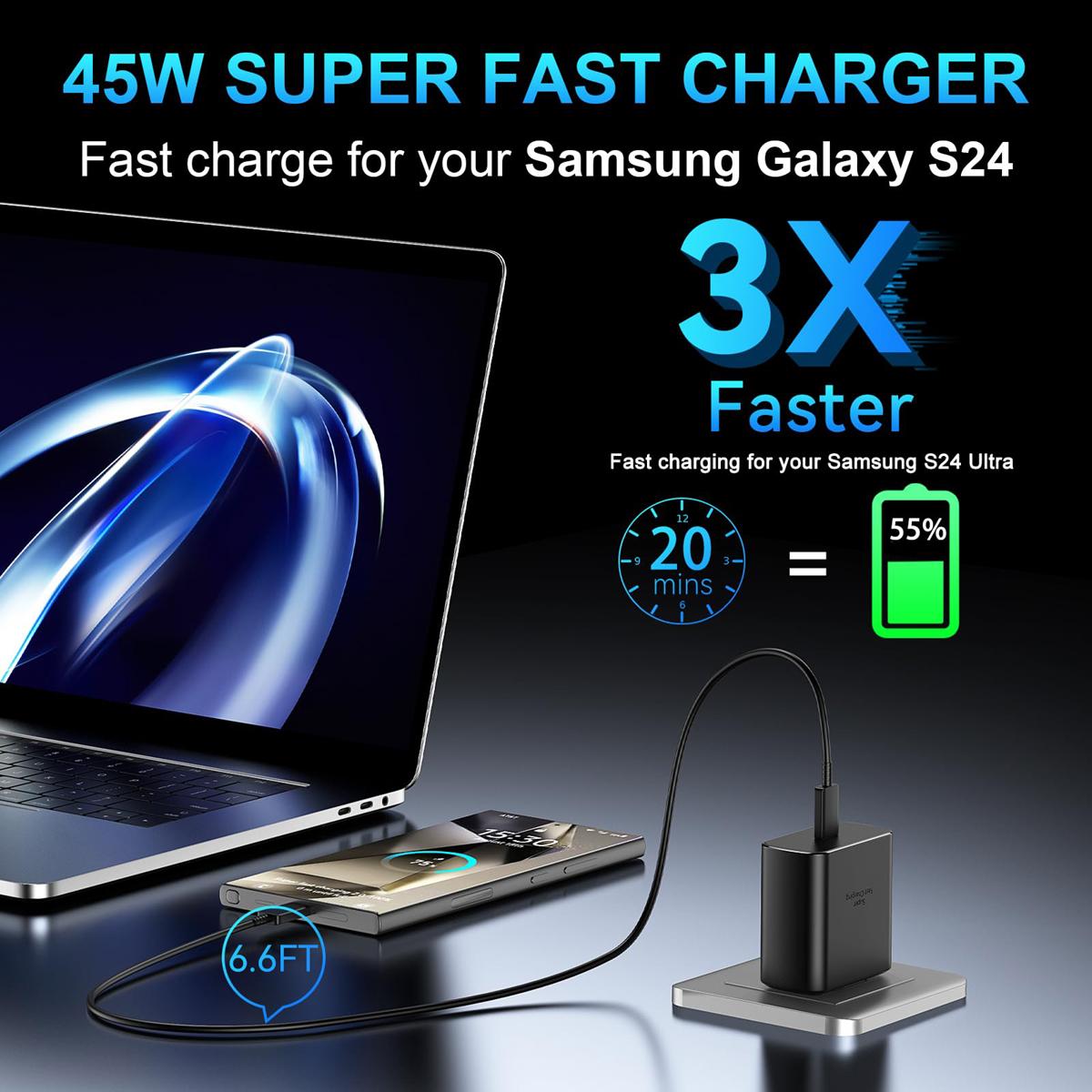 Keai 45W Super Fast Charger, USB C Power Adapter with 6.6FT Type-C Fast Charging Cable for Samsung Galaxy S25/S24/S23/S22/Note 20 Ultra, iPhone 17/16/15, Mobile Smartphone Accessories
