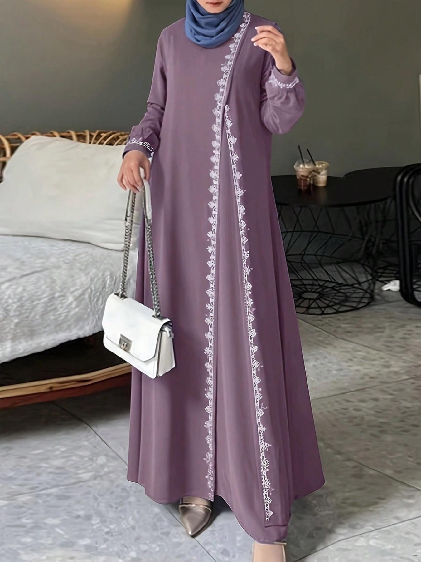 Women's Fashion Long Sleeve Round Neck Solid Color Casual Dress, Long Sleeve Dresses, Elegant Lace Trim Robe Style, Perfect for Daily Wear & Special Occasions, Muslim Outfits