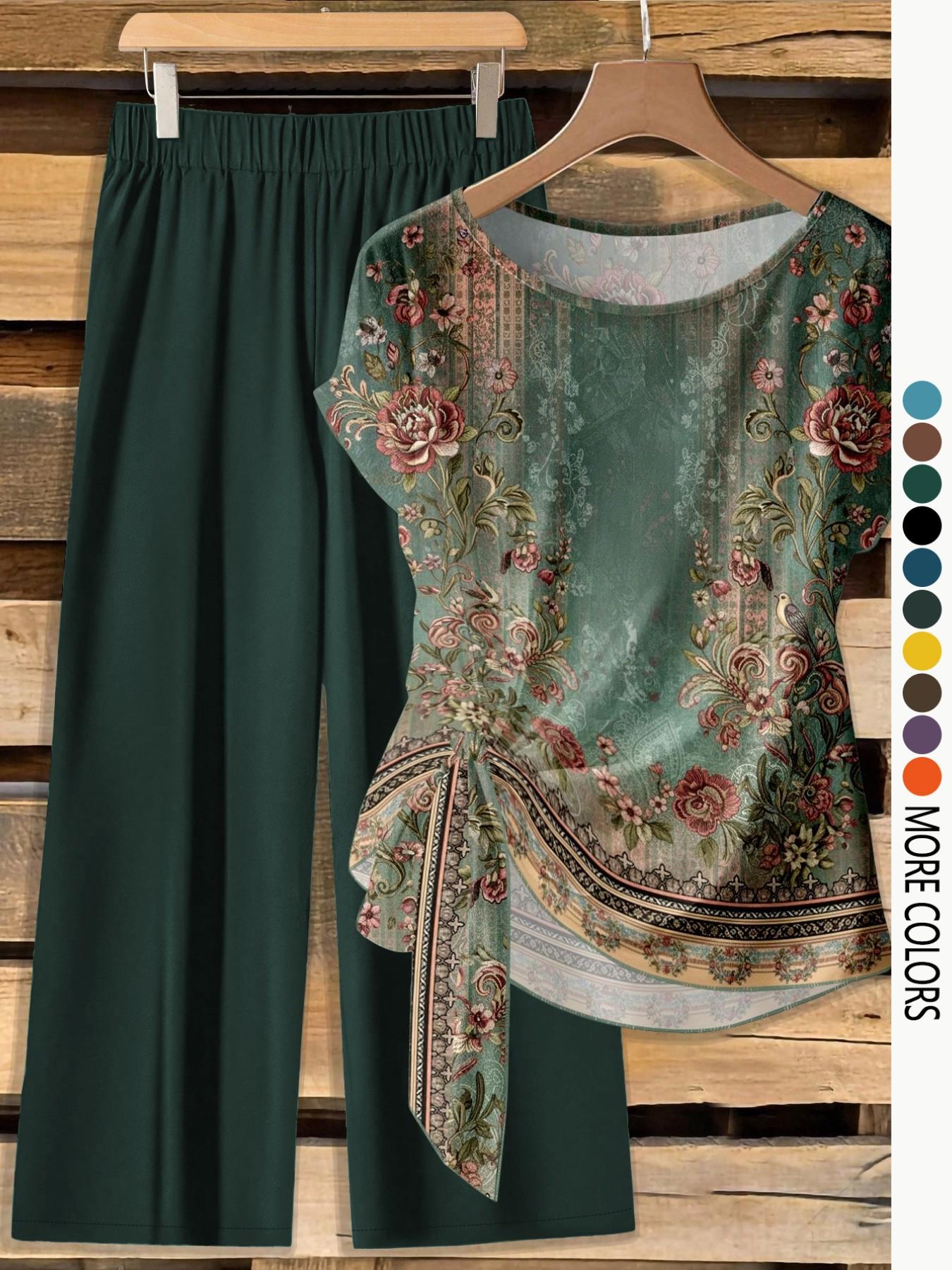 Women's Casual Printed Necktie Shirt and Loose Straight Pants Set, Perfect for Spring and Summer, Comfortable Two-Piece Women's Casual Printed Necktie Shirt and Loose Straight Pants Set, Perfect for Spring and Summer, Comfortable Two-Piece