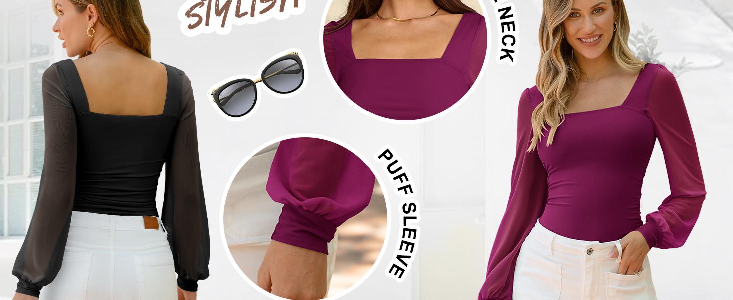 ANRABESS Womens Square Neck Puff Mesh Long Sleeve Tops Double Lined Dressy Casual Blouses Shirts 2025 Going Out Fall Clothes