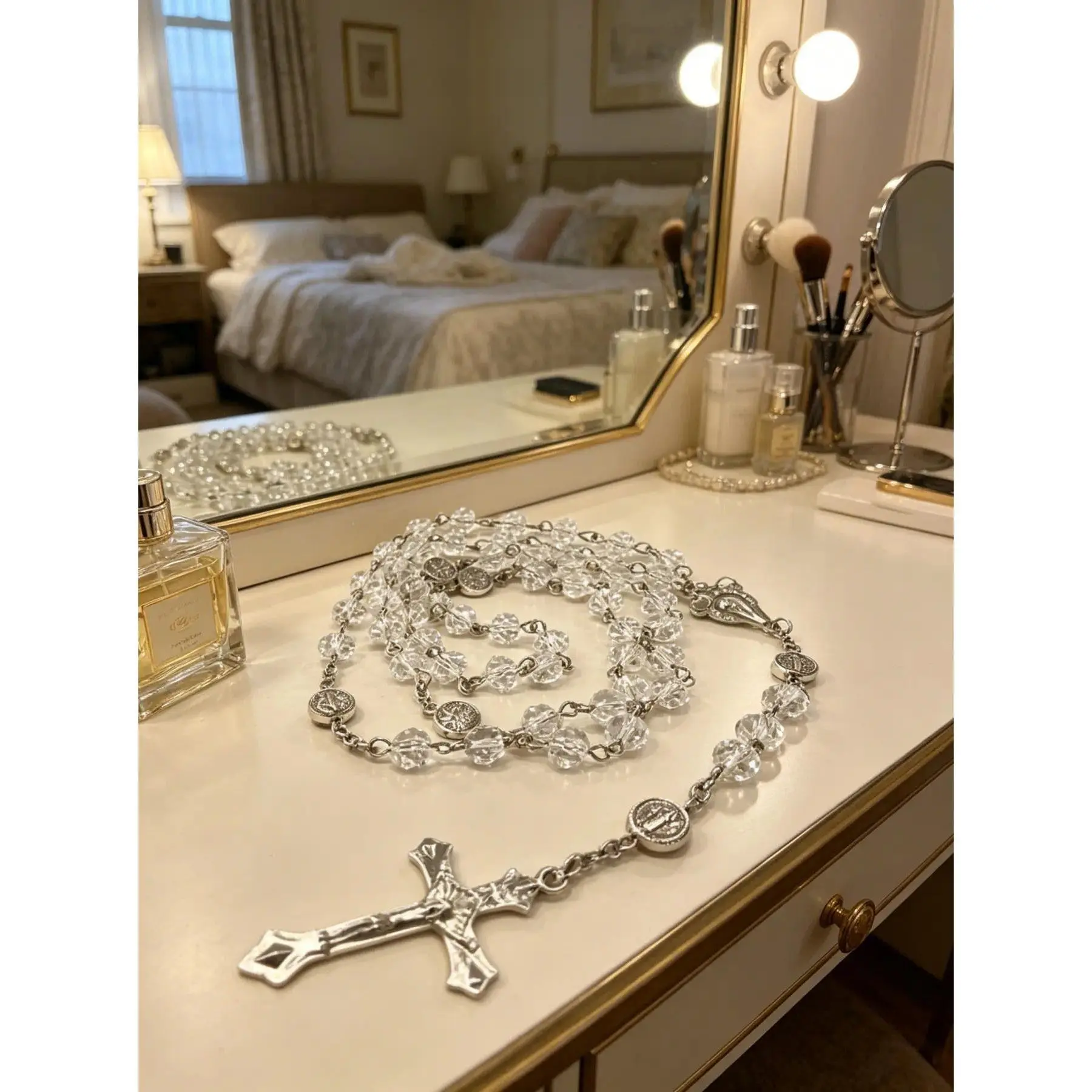 Catholic Christmas Gift: Sparkling Beaded Catholic Rosary, Crucifix Cross Pendant Necklace, Exclusive Design Faith Jewelry, Lightweight Tarnish Free, Meaningful Religious Christmas New Year Gift
