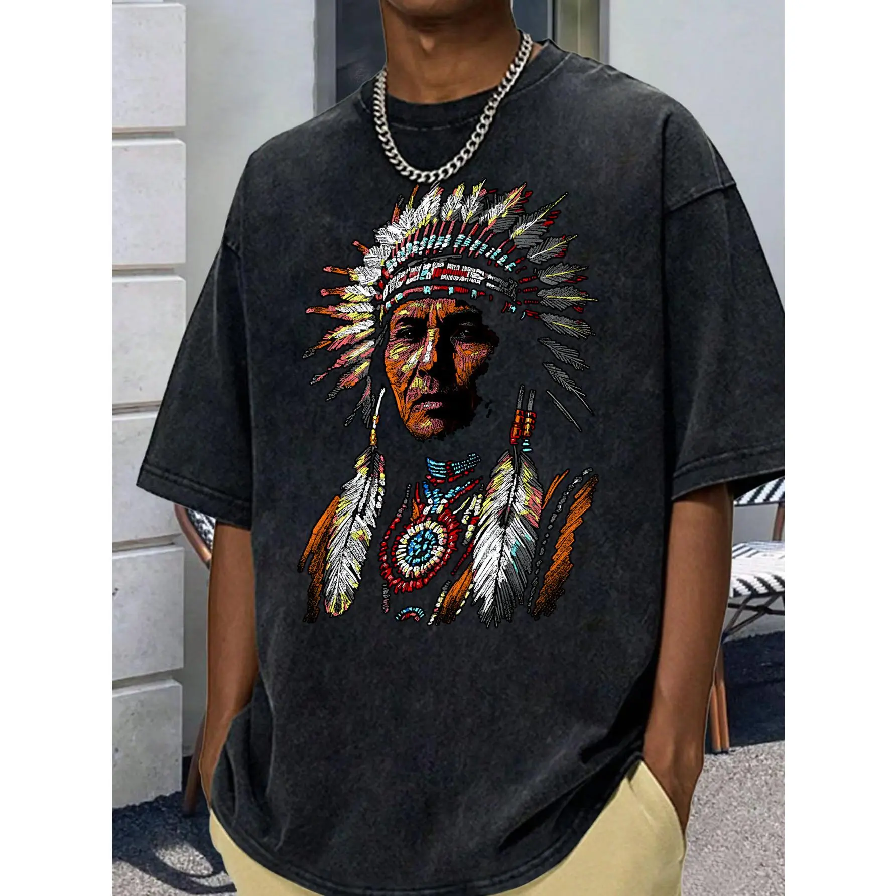 Indian Chief Feather Embellished Men's Washed T-Shirt, Ethnic Tribal Totem Print, Stretch Fit, Casual Streetwear Vintage Apparel