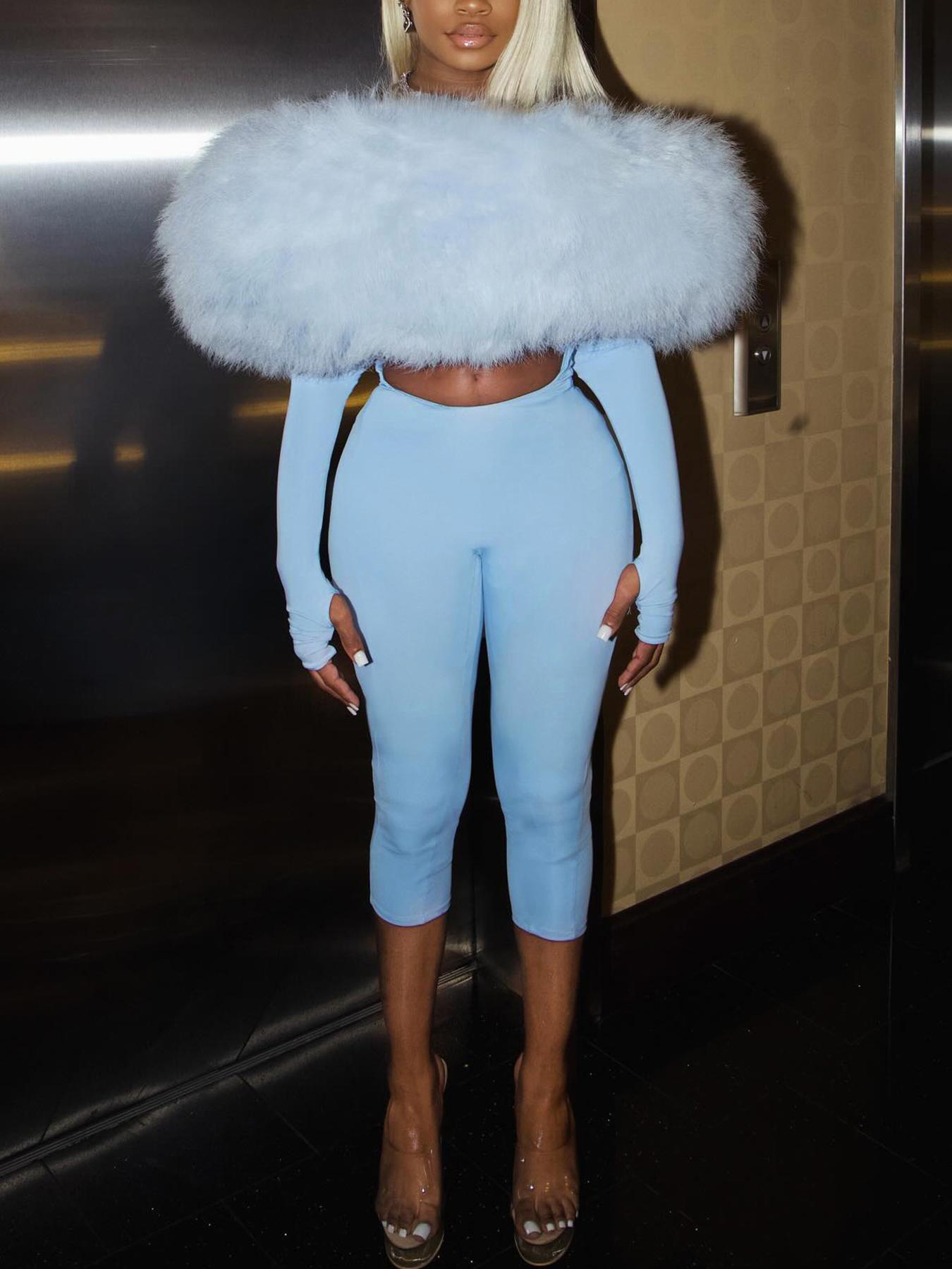 Women's Fall Fashion Streetwear Plush Patchwork Bodycon Fitted Crop Jumpsuit, Trendy Casual One-Piece for Daily Wear