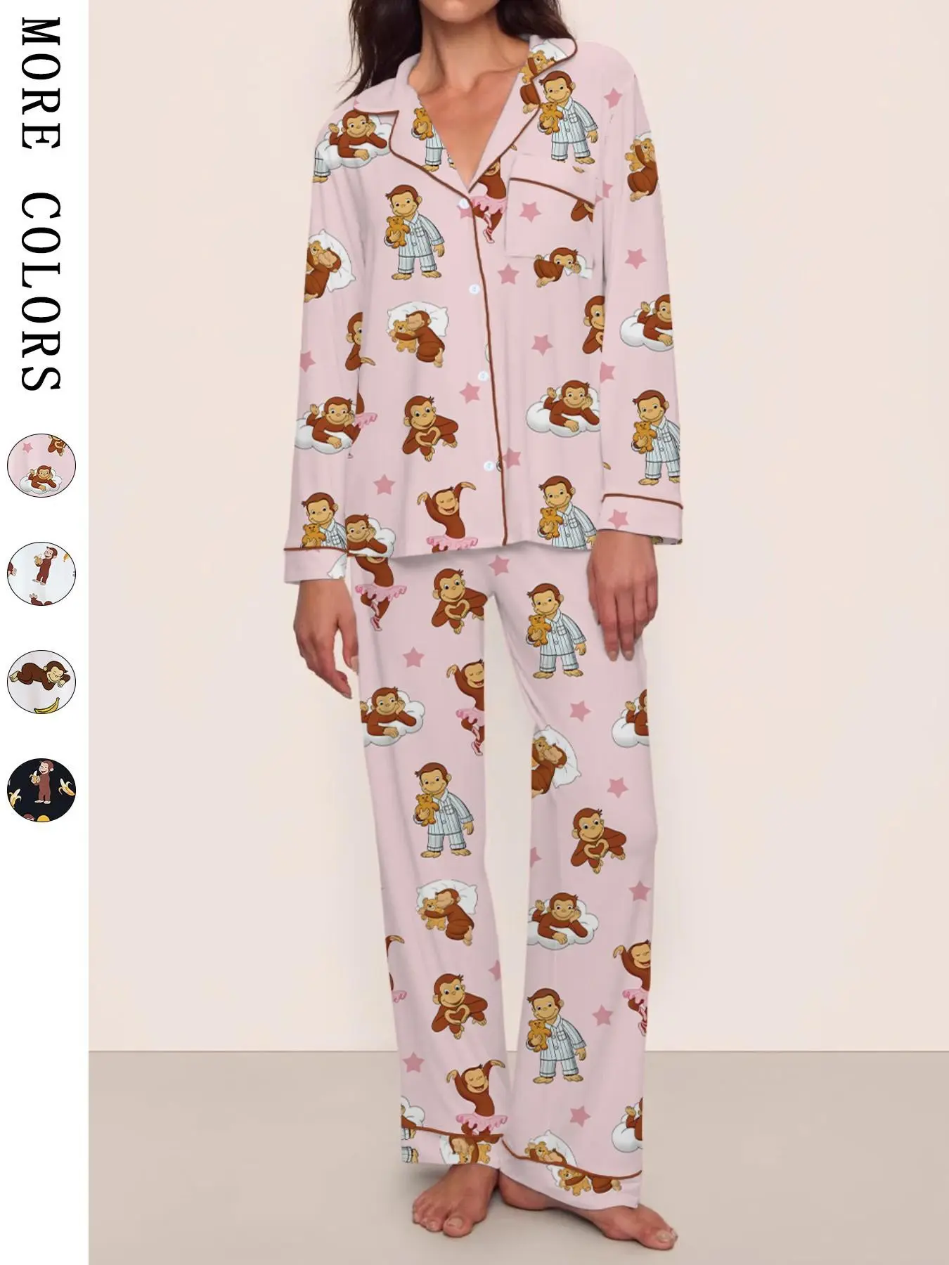 Coquette Cute Bow and Monkey Print Women's Pajama Set, Long Sleeve Button Shirt and Pants, Soft Comfortable Sleepwear for Home Parties