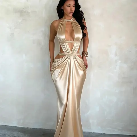 Solid Color Satin Backless Dress, Elegant Evening Gown, Formal Wear, Perfect for Weddings and Parties, Luxurious Fabric, Timeless Design, Fit