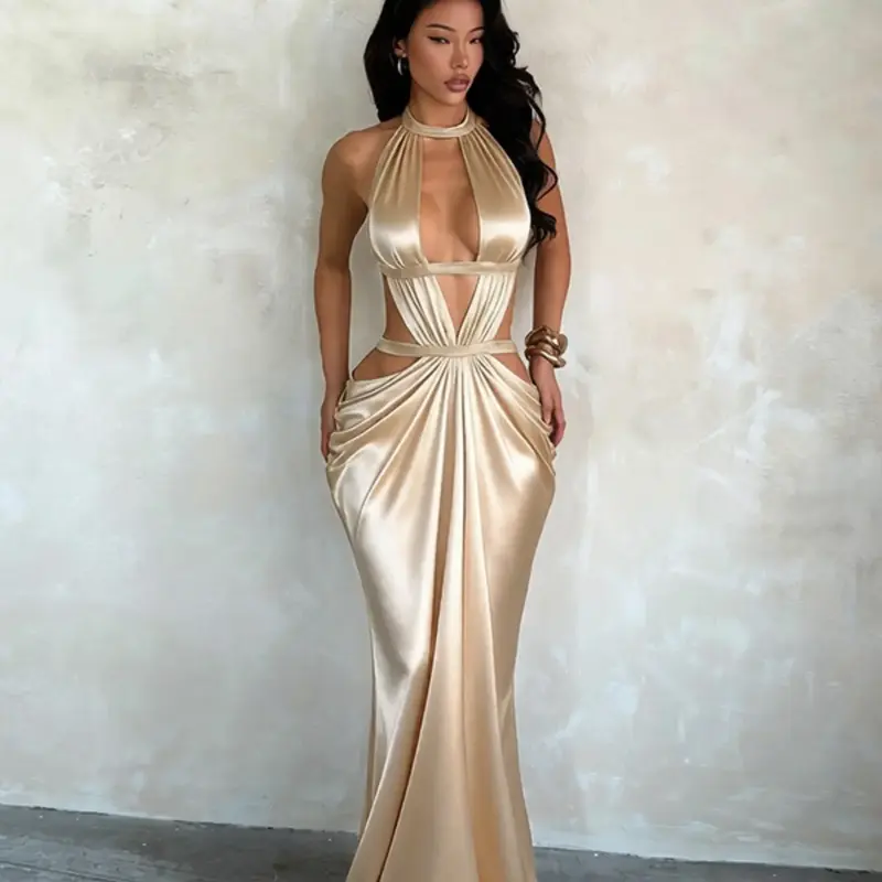 Solid Color Satin Backless Dress, Elegant Evening Gown, Formal Wear, Perfect for Weddings and Parties, Luxurious Fabric, Timeless Design, Fit