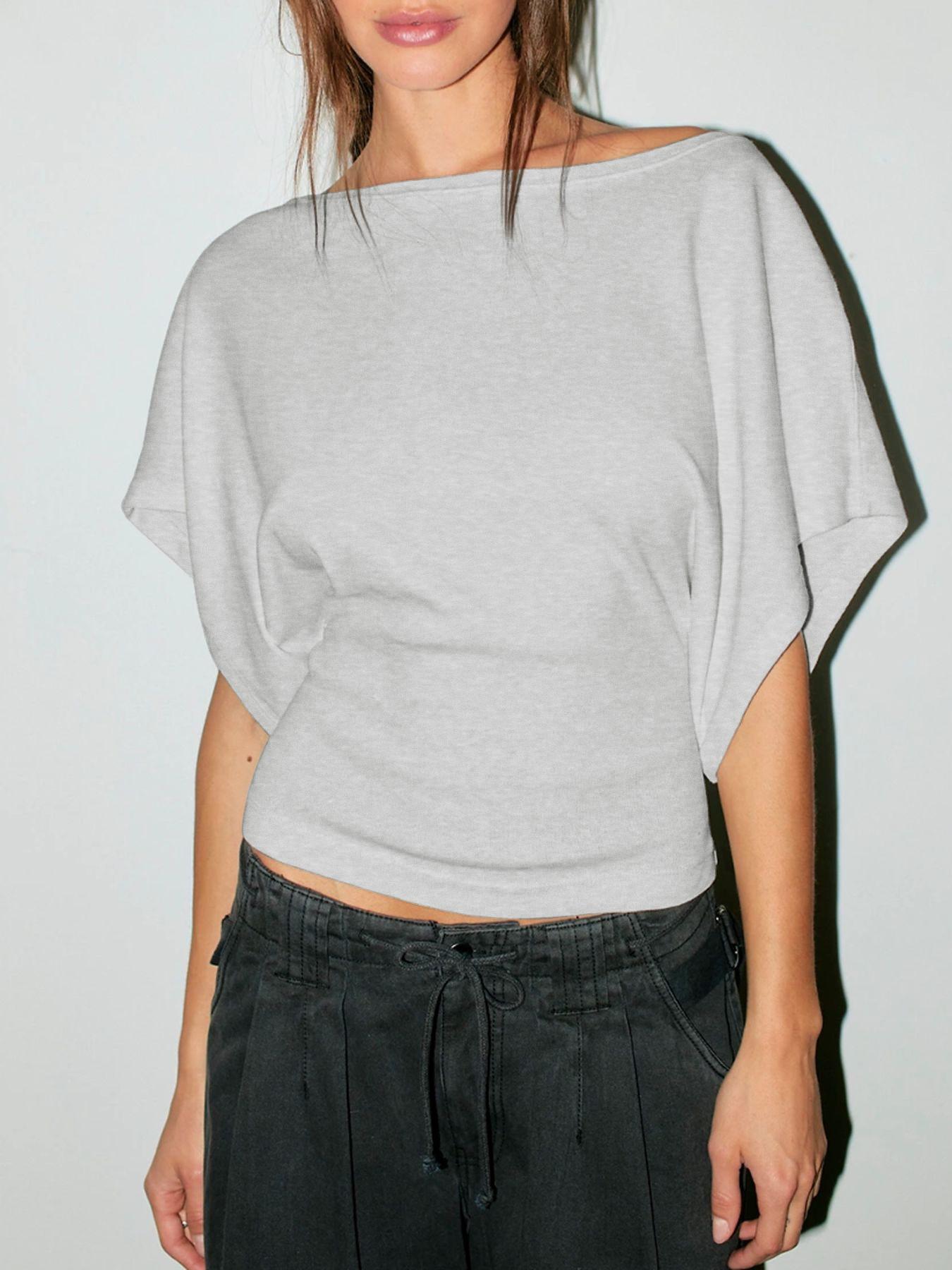 Women's Summer New Batwing Sleeve Waist Cinched Fit Top, Fashion Y2K Boat Neck Knit Sweater, Versatile Daily Wear Basic Tee