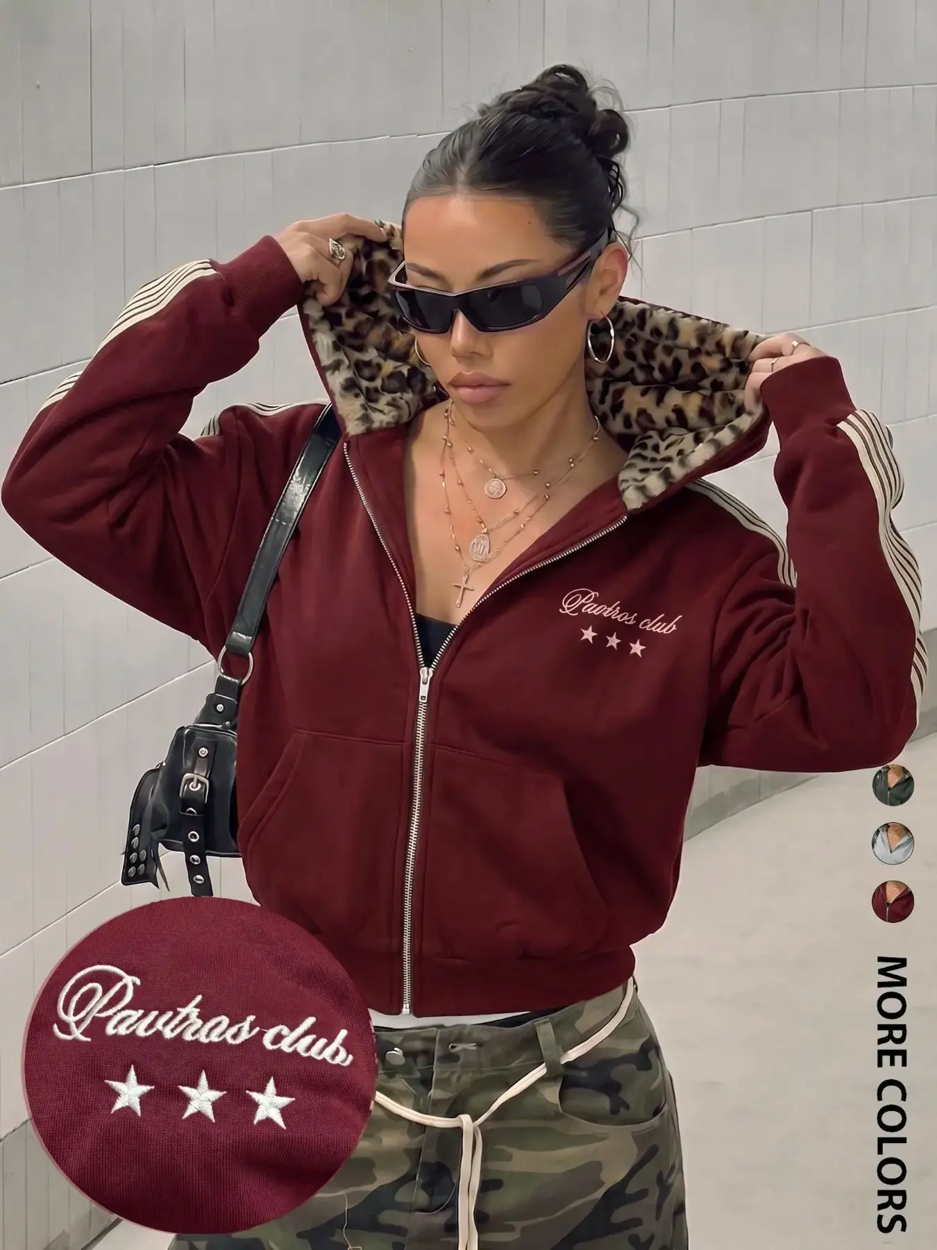 Women Y2K Hot Girl Zip Up Hooded Jacket Burgundy Leopard Print Lining Chest Script & 3 Stars Embroidery Cropped Street Single Top