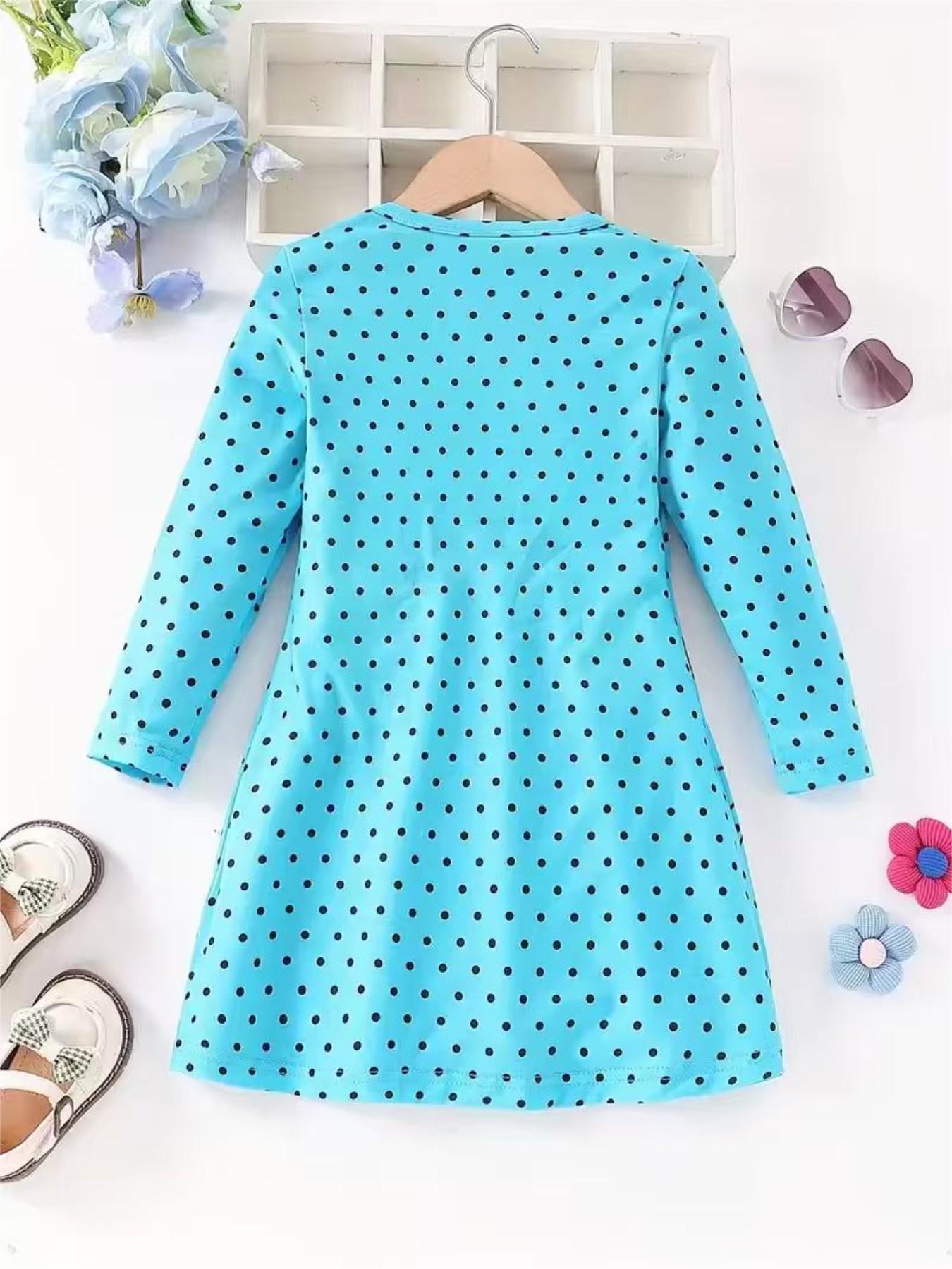 Girls' Casual Dress with Cartoon Pattern, Slim-Fitting Long Sleeve Round Neck, Fashionable Kids' Clothing, Comfortable and Stylish