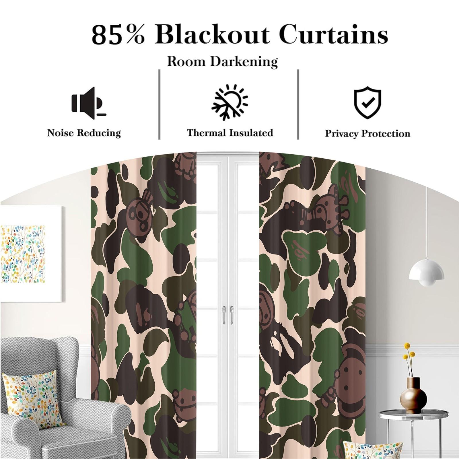 2-Pack Camouflage Print Blinds, Bape'S Iconic Ape Head Pattern Blackout Blinds, Grommet Blackout Curtains, Trendy Street-Style Children'S And Teenagers' Bedroom Blinds, Machine Washable, 2-Pack.