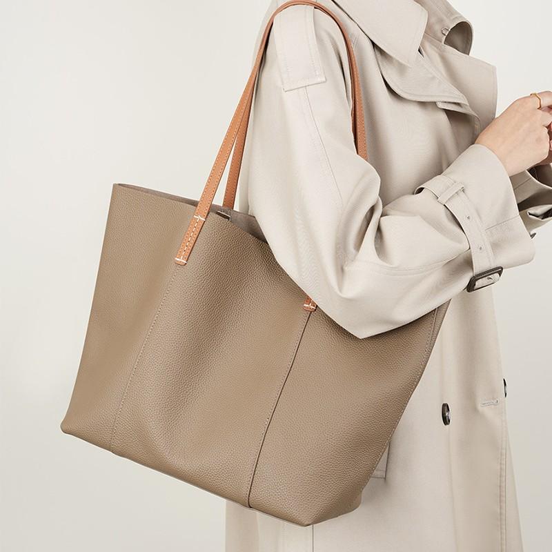 1pc Cowhide Leather Handmade Tote Bag, Spacious Commuter Handbag for Office Ladies, Stylish Daily Single Shoulder Bag with Inner Pouch.