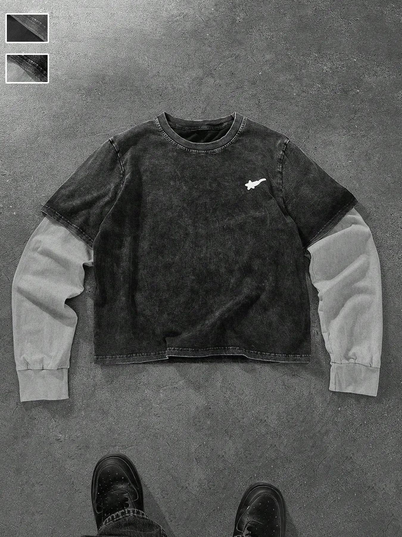 Men's Washed Cotton Mock Two-Piece Round Neck Long Sleeve Fitted Tee, with Star Print Design, a Casual and Trendy All-season Wardrobe Essential