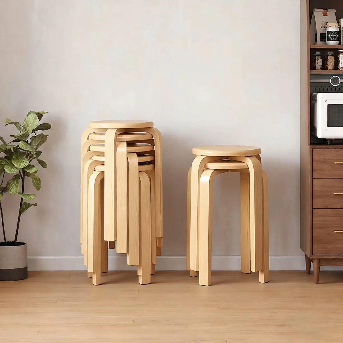 Set of 6 Stackable Bentwood Stools – 18" Round Backless Nesting Stools with Anti-Slip Felt Pads, Space-Saving Seating for Classroom, Dining Room, Kitchen, Natural