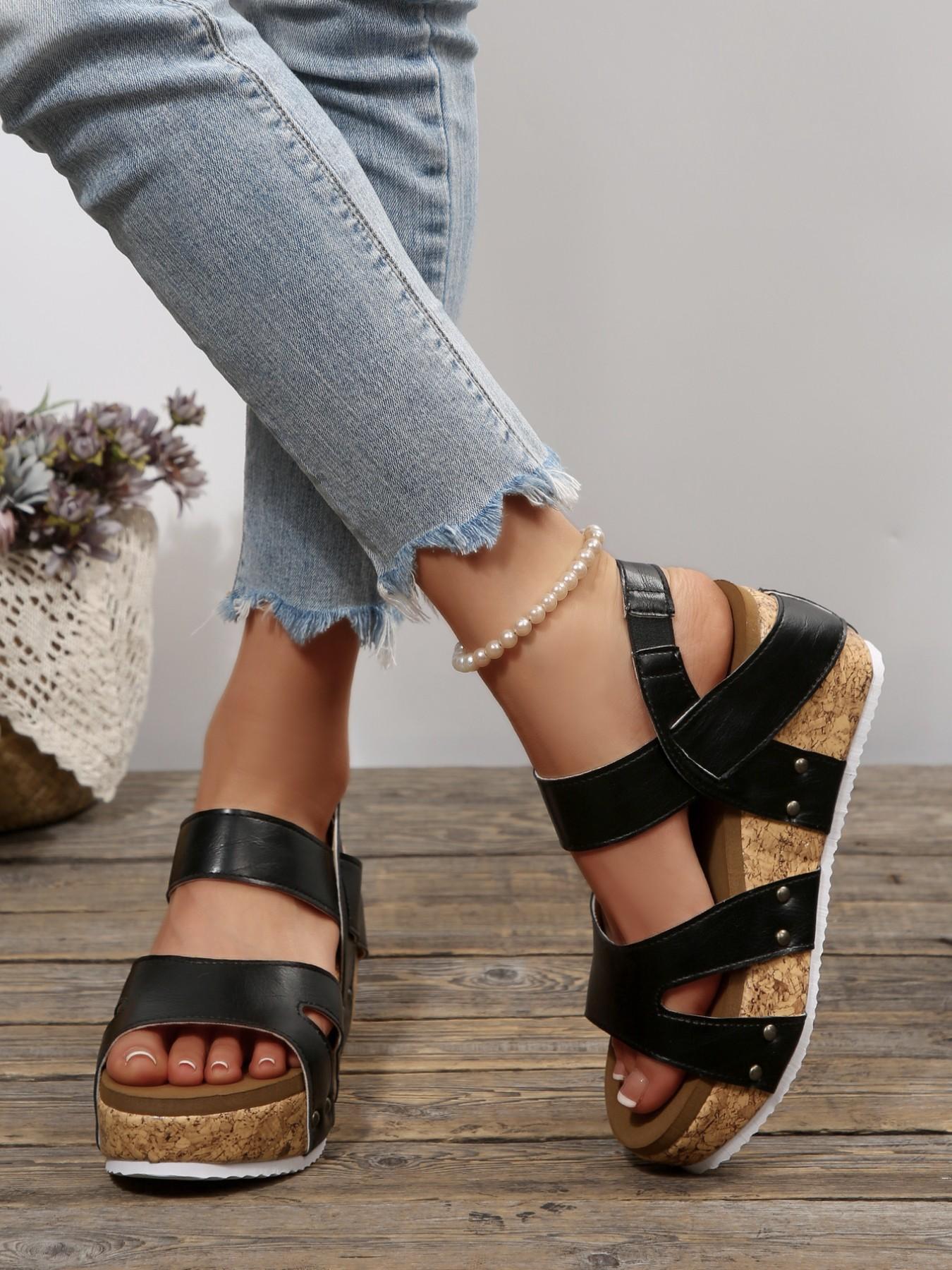Women's Summer Wedge Sandals, Cork Sole Rivet Thick Bottom Shoes, Beach Vacation Versatile Heel Boosters, Comfortable and Stylish Footwear