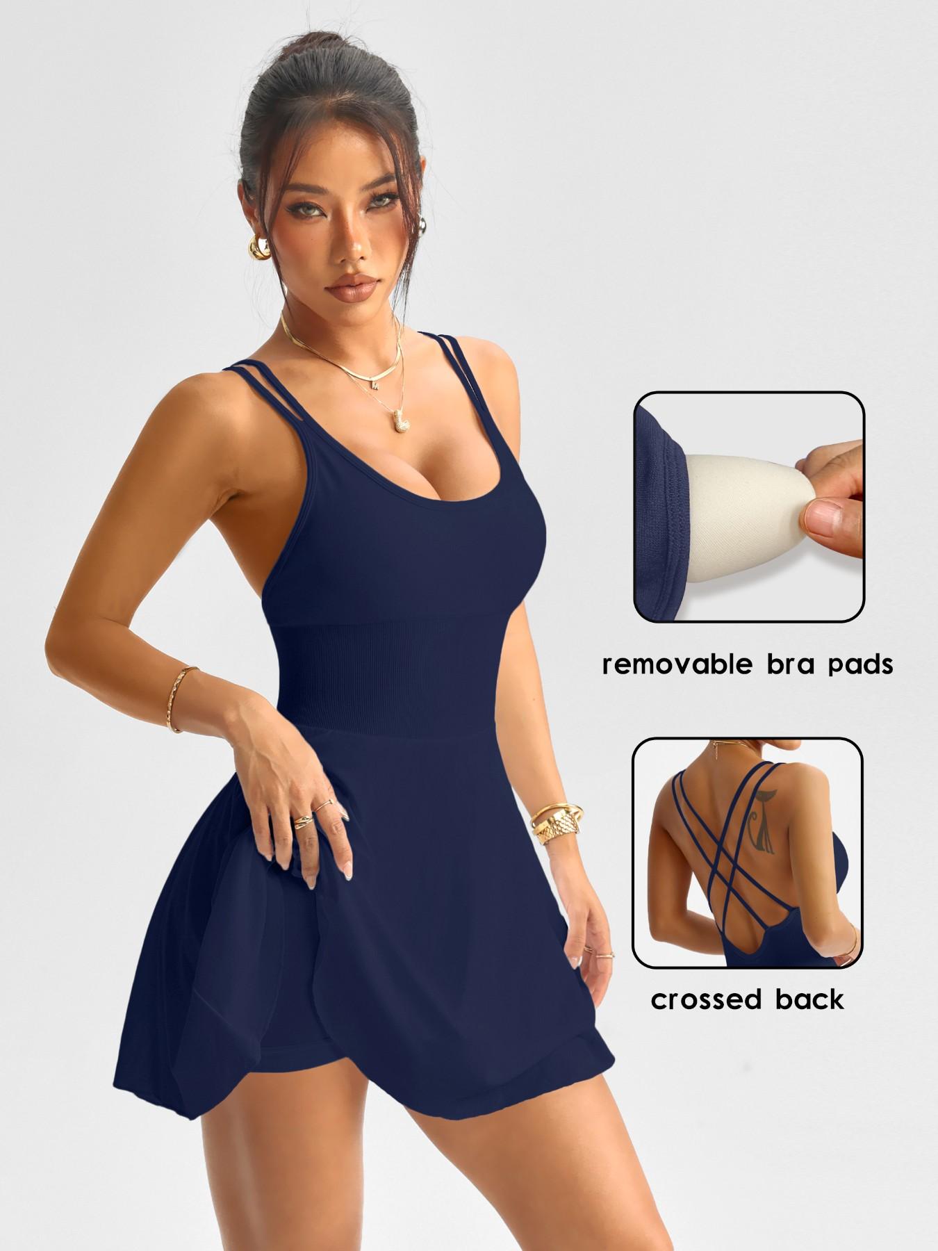 Women's Backless Criss Cross Sports Dress with Removable Pads, Mini Yoga Skirt, Fitted Above the Knee, Casual Tennis Dress, All Seasons