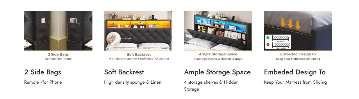 Sikaic Upholstered Platform Bed Frame with LED Lights & Charging Station Hidden Storage Headboard and 4 Drawers Linen Dark Grey Furniture Home Bedroom Bedframe