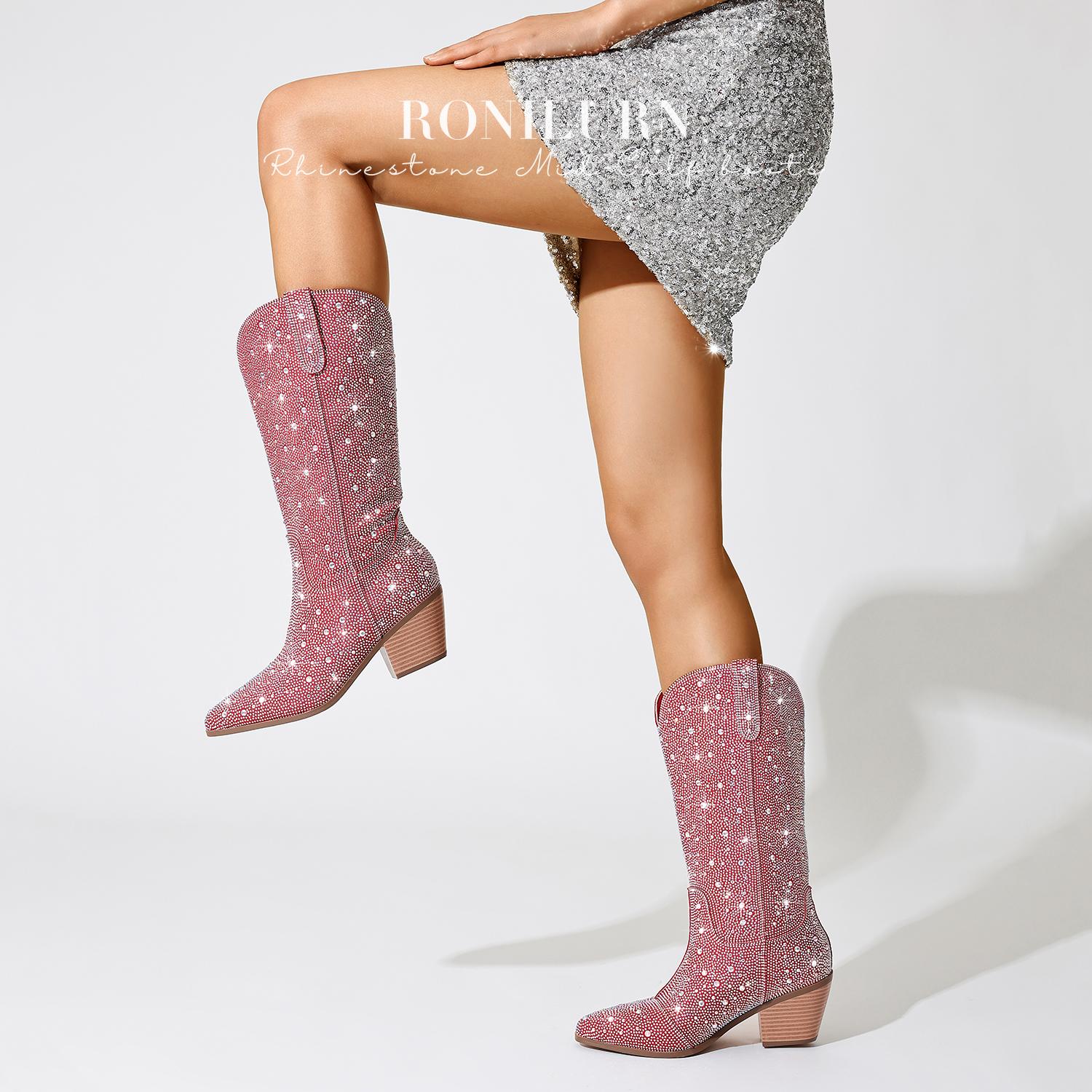 Women Cowboy Boots Cowgirl Rhinestone Mid Calf Western Boots Sparkly Glitter Boots Bling Pointed Toe Chunky Heel Pull On