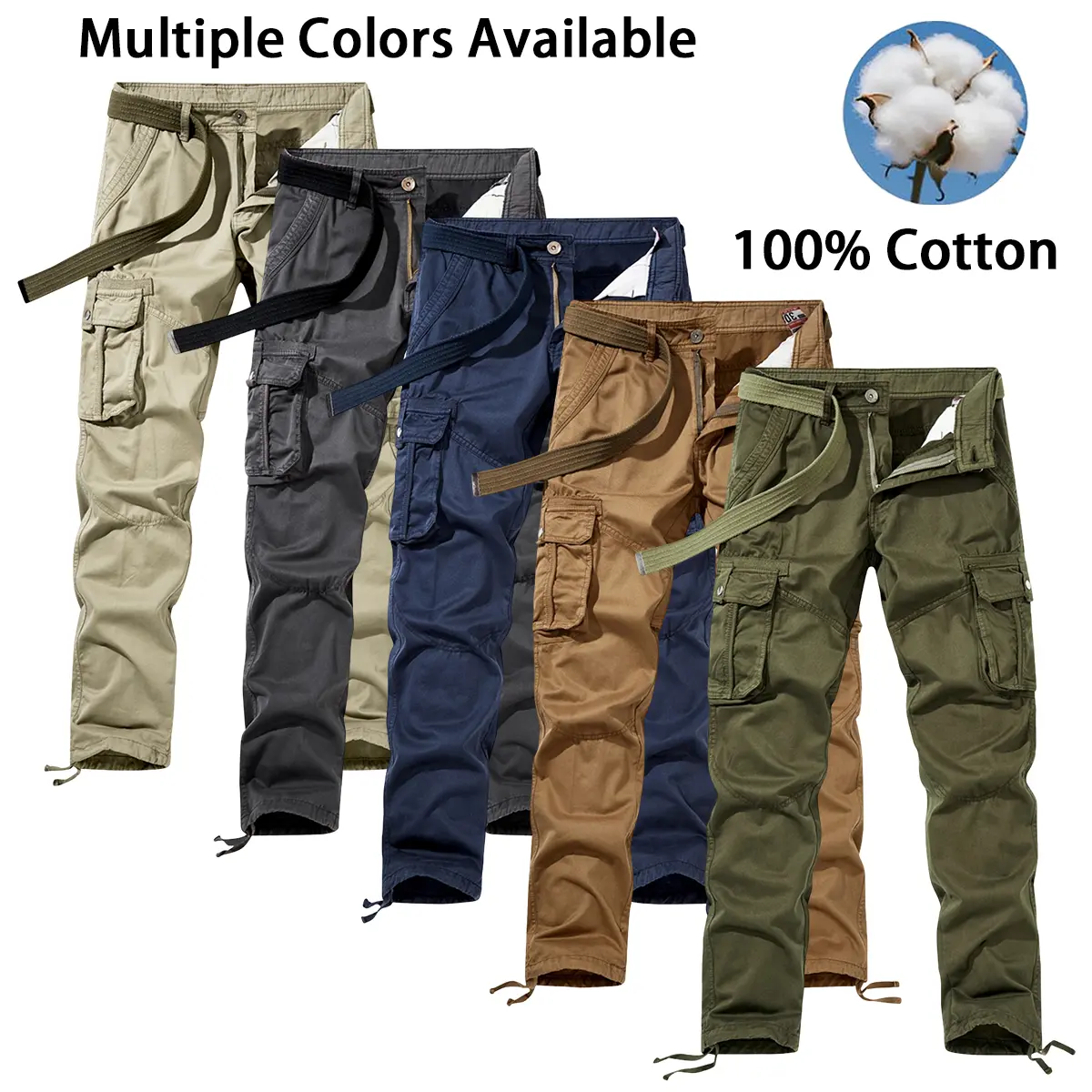 Men's solid color practical workwear pants, multi flap side pocket straight leg pants, adjustable drawstring legs for outdoor hiking and travel work pants, with a matching waist belt included.