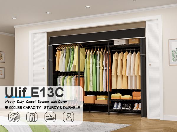 Ulif Heavy Duty Closet Organization System, Freestanding Clothes Rack, Adjustable, 63"W x 16"D x 77"H, 960 lbs Weight Capacity, with Dust Cover, Black