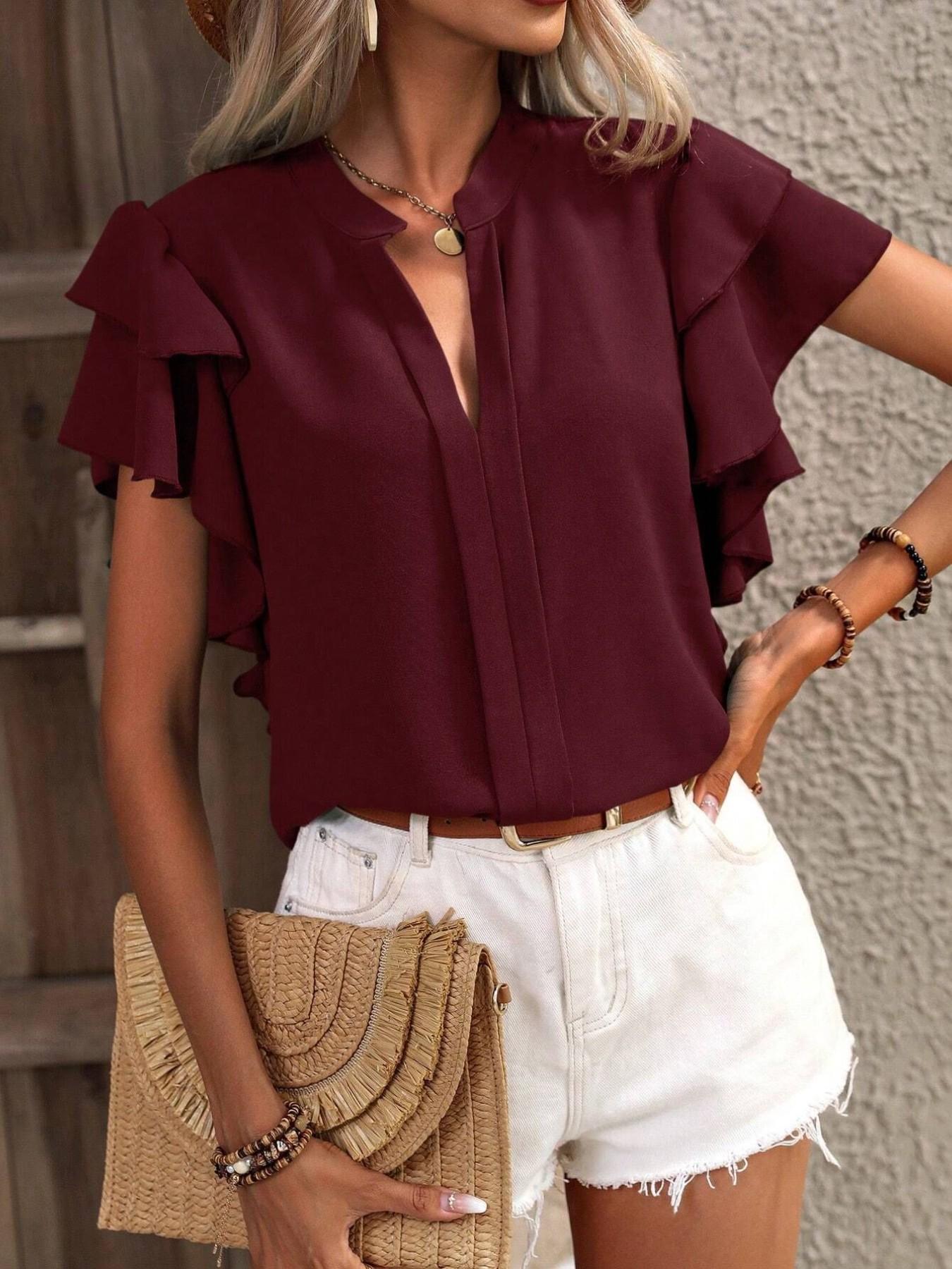 Women's Summer V-Neck Casual Shirt, Two-Layer Pleated Sleeve Pure Color Blouse, Fashionable Ladies' Top for Daily Wear