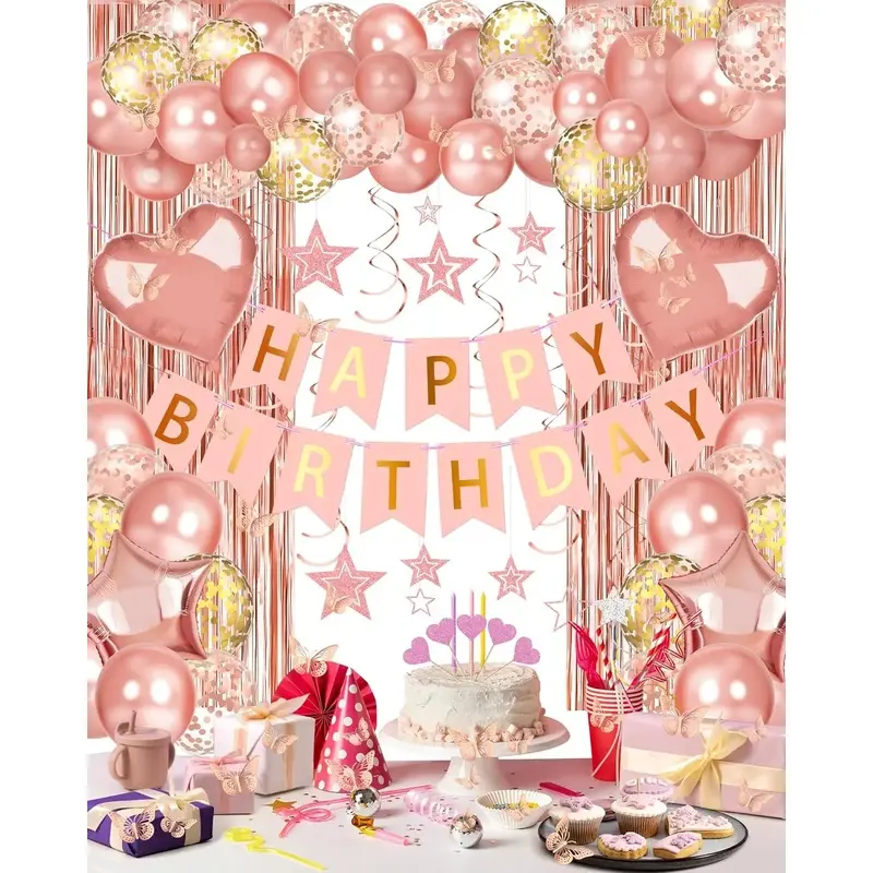 Happy Birthday Party Decorations with Banner Balloons for Women |   Happy Birthday Banner, Birthday Decor for Girls Women, Curtain Backdrop, Foil Heart Star Confetti Balloons, Hanging Swirls