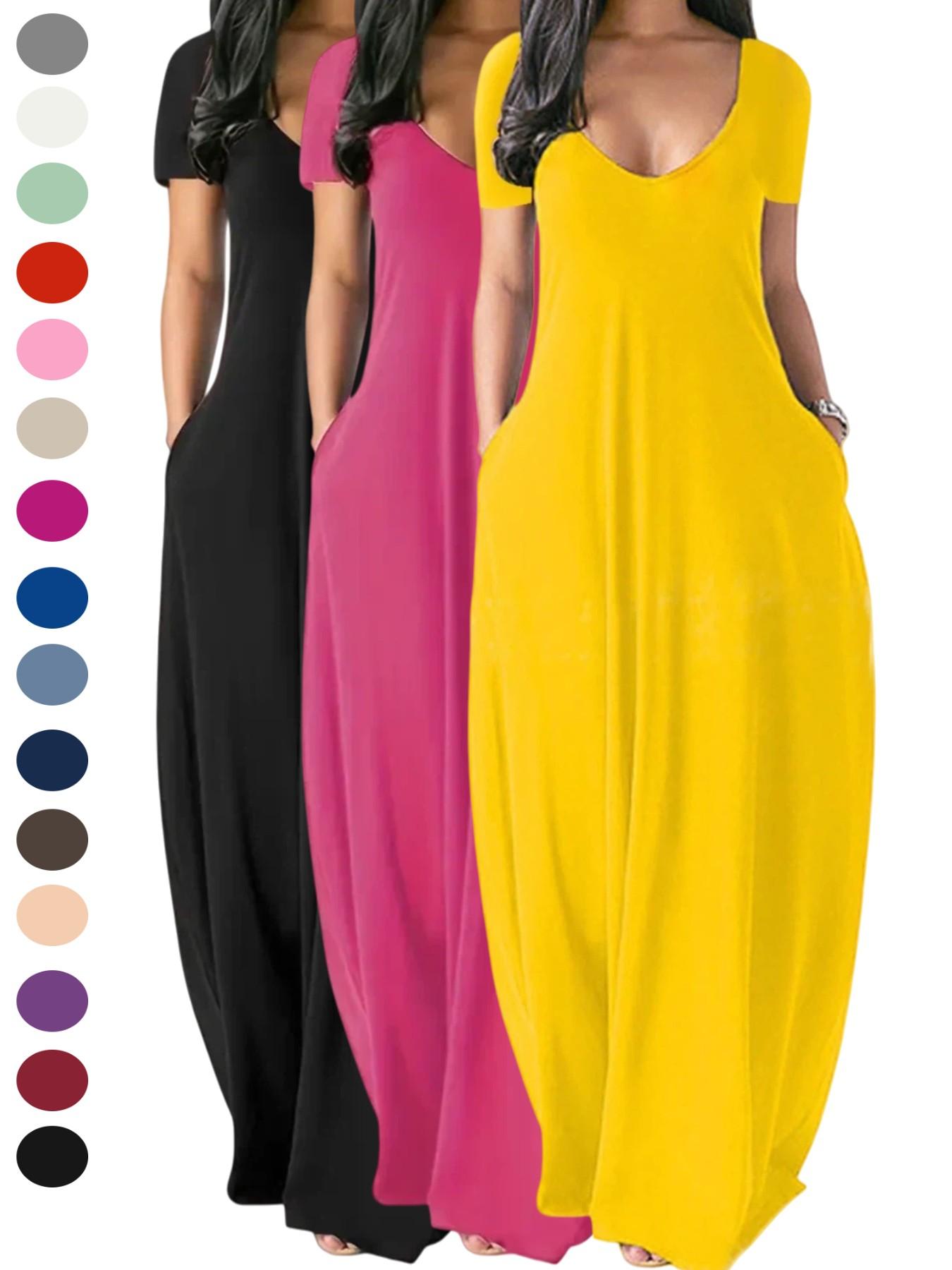 Women's Summer Beach Vacation Casual Sundress, Sexy Deep V-Neck Design with Pockets, Loose-Fit Short Sleeve Plain Style