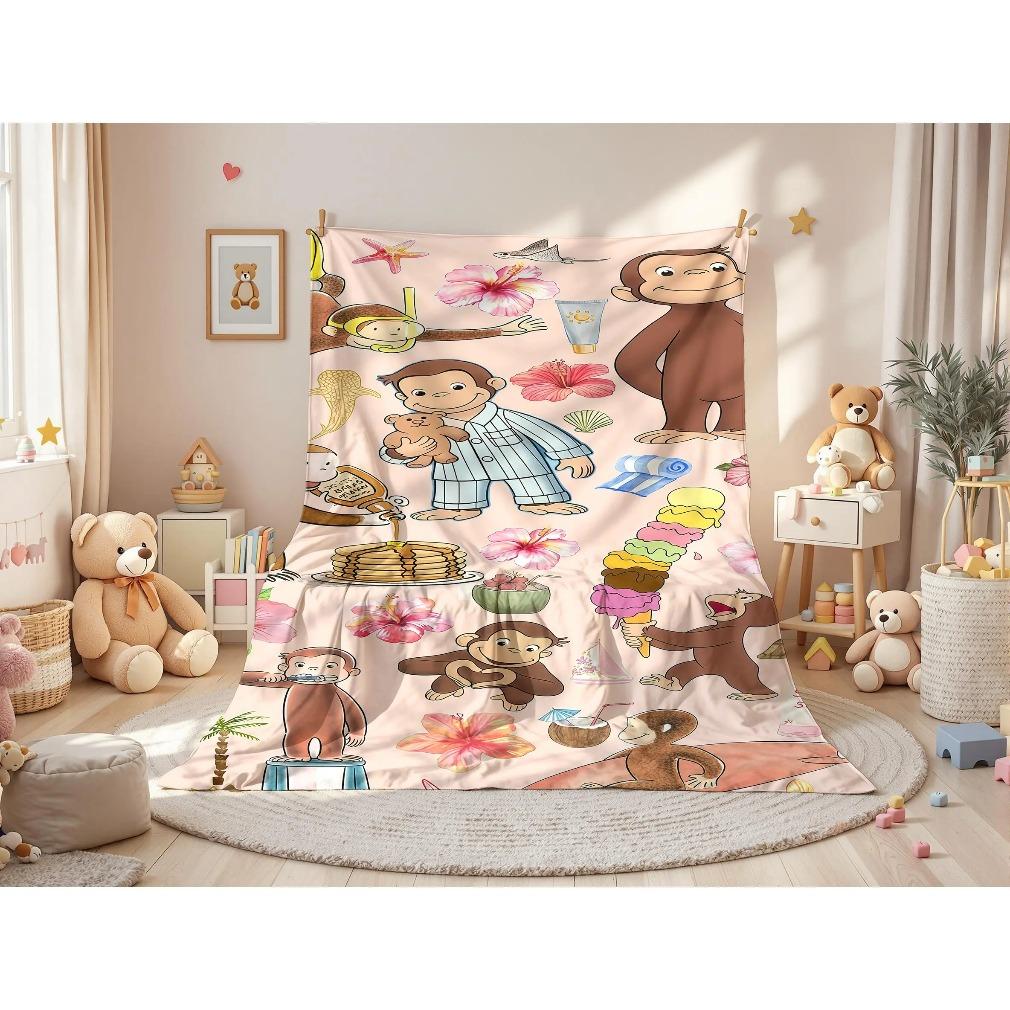 Curious George Classic Flannel Throw Blanket - Tropical & Pajama Collage, Beach Surf Adventure, Pancake Scene Designs, Fade Resistant, Soft Cozy for Kids Beds, Children's Living Space Snuggle, Holiday Birthday Gift