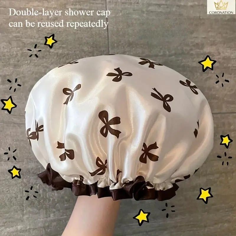 Luxury Floral Shower Cap for Women, Aesthetic Reusable Waterproof Shampoo Cap with Double Layer Fabric, Soft Elastic Band Hair Cover Keeps Hair Dry, Cute Bow Design Bath Cap for Shower, Spa, Salon and Travel Use