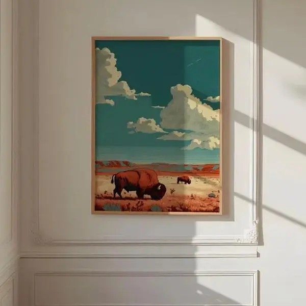 Vintage Bison Wall Art, Retro Western Poster, Desert Landscape Print, Rustic Wildlife Decor, Trendy Western Desert Print, vintage art