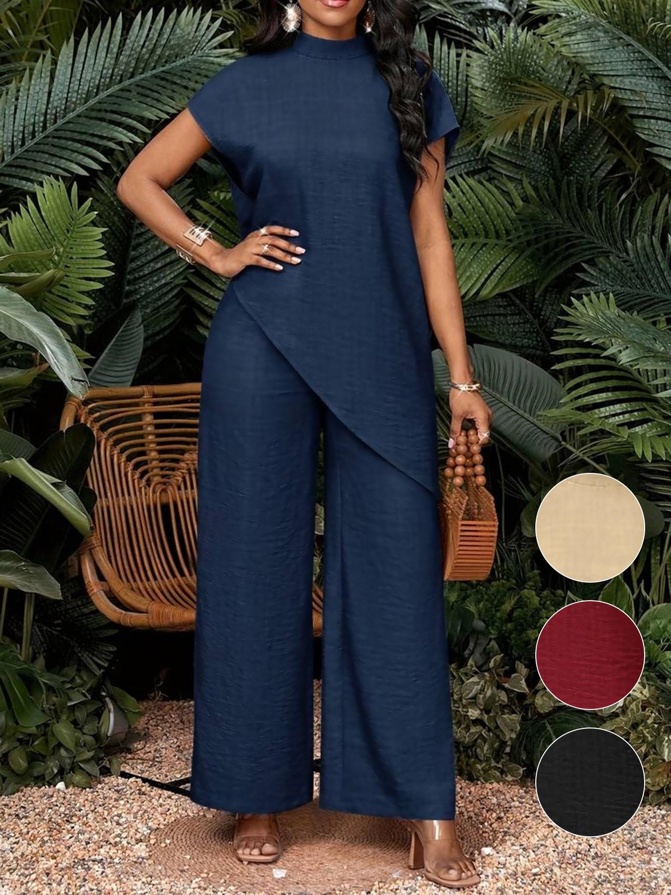 Summer Women's Stand Collar Asymmetrical Top & High Waist Wide Leg Pants Suit Set, Casual Two-Piece Set for Business, Womenswear