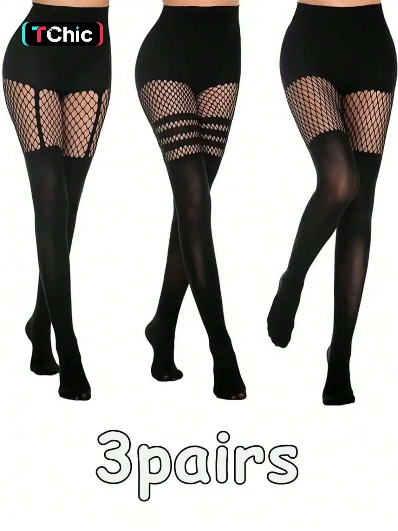 3 Pairs Classic Fishnet Stockings, Thigh Highs, Sexy Underwear, Comfortable Daily Wear, Party Use, Geometric Pattern, Mid Waist, Women Pantyhose, Tights, Clothing