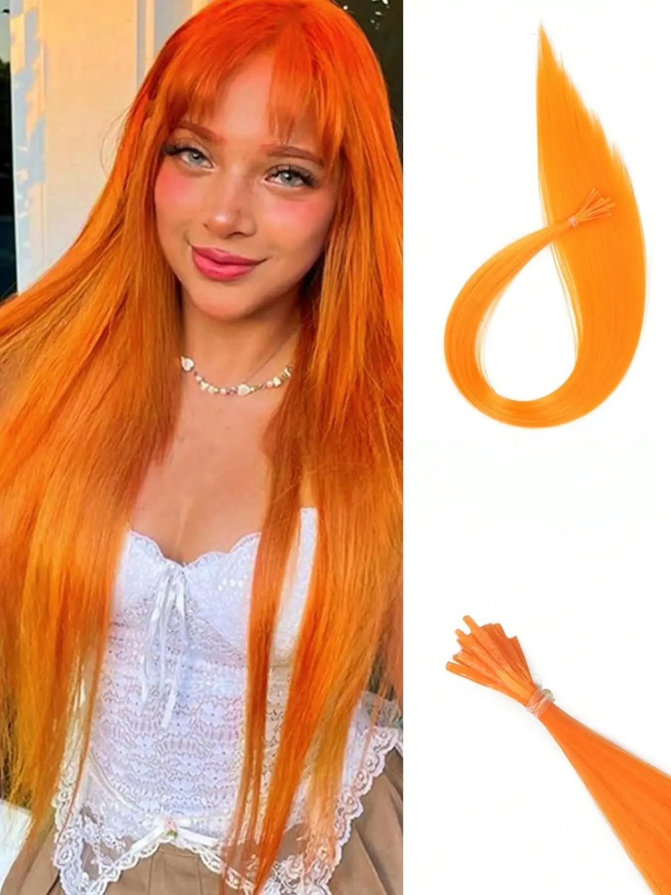 Orange-colored hair extensions - A set consisting of 20 hair extensions strands, 22 inches in length, synthetic straight hair extensions, colorful hair accessories, fashionable accessories for women.