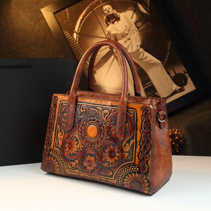 Vintage Tannery Craft Embossed Handbag, Traditional Floral Pressed Large Capacity Commuter Bag, Mom Style Shoulder Crossbody Bag