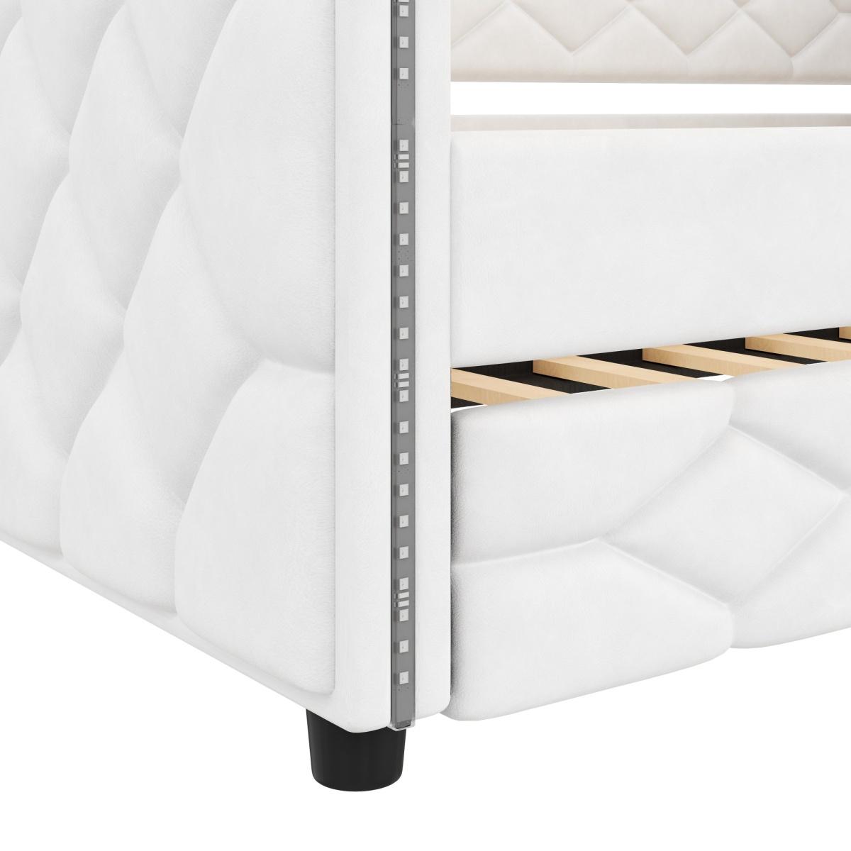 PU Leather Upholstered Daybed with Pull Out Trundle Bed, LED Light Armrests, Multi-Functional Sofa Bed, Solid Wood Frame for Guest Room