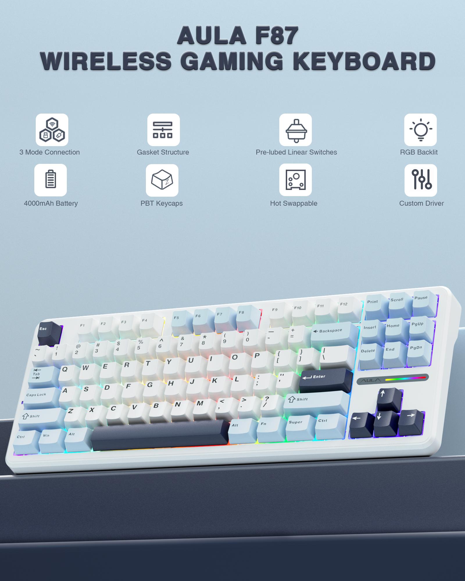 AULA F87 Wireless Mechanical Keyboard,75% TKL Custom Hot Swappable Keyboard,Gasket Mount Gaming Keyboard with PBT Keycaps,Pre-lubed Greywood Switches,2.4GHz/USB-C/BT5.0 RGB Backlit Mechanical Keyboard TikTokShopfalldealsforyou
