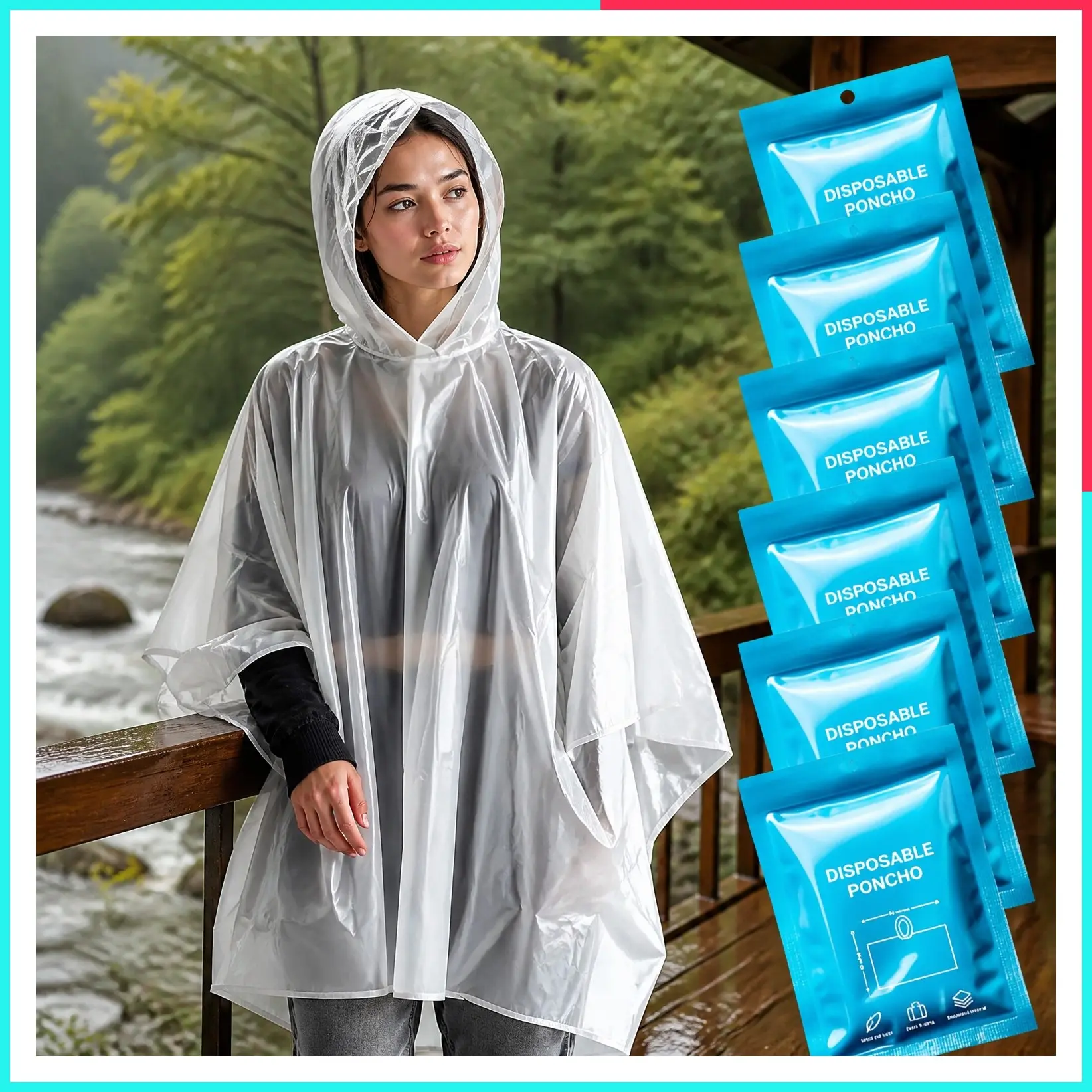 Disposable Rain Ponchos for Adults with Hood - Clear, Compact Emergency Ponchos for Hiking, Camping, Travel (Pack of 6)